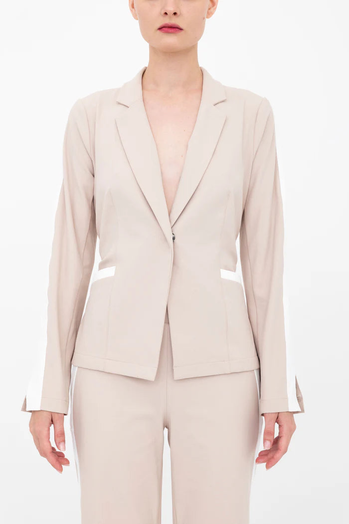 Bexley Notched Collar Contrast Stripe Blazer for Women - Nude Color Slim Fit Business Jacket - Perfect for Office Wear, Business Meetings & Formal Events