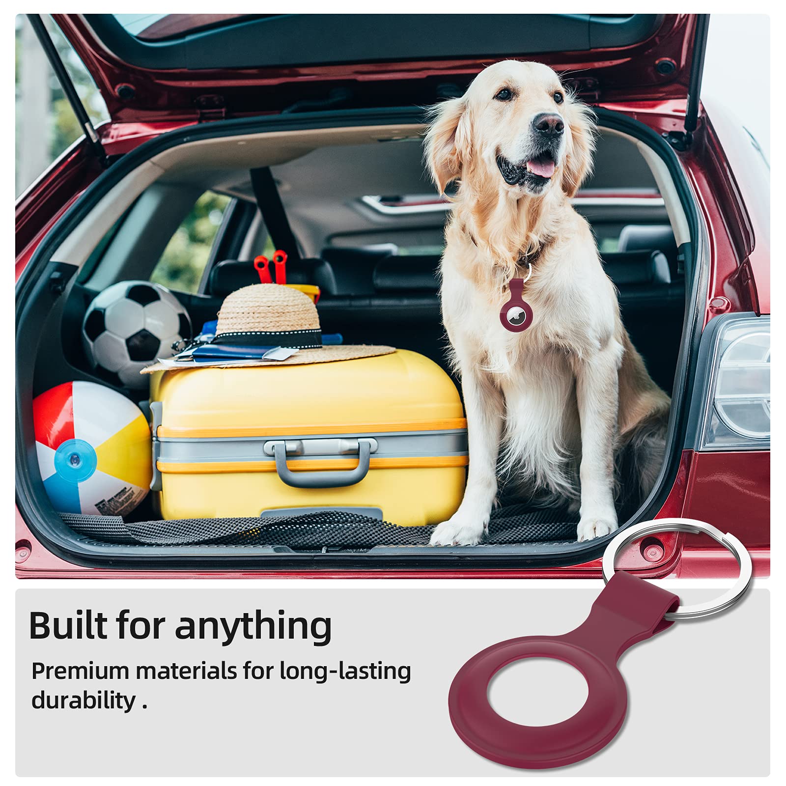 Silicone Airtag Case with Keychain - Shockproof & Anti-Scratch for Keys & Pets (Deep Red) - Perfect for Dog Collars & Keyrings