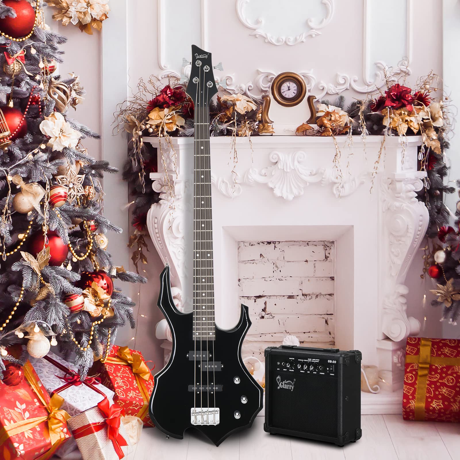 GLARRY Electric Bass Guitar 4 Strings - Burning Fire Style with Single Coil & Split Pickups for Beginners & Adults (Right Hand) - Includes 20W Amp, Gig Bag, Strap & Cable (Black) - Perfect for Rock, Metal & Live Performances