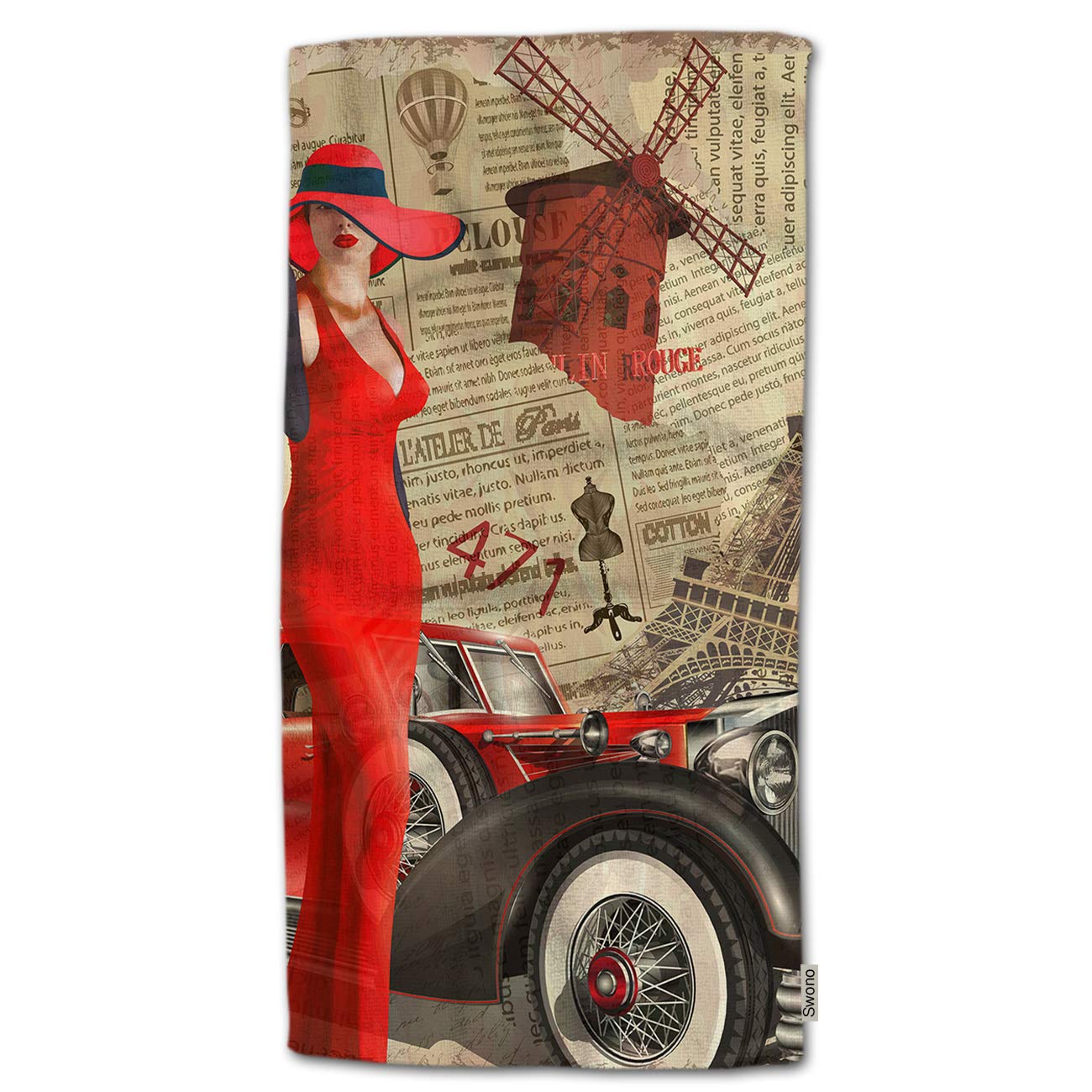 Vintage Parisian Beauty Hand Towel - Soft Polyester Bath & Kitchen Towel with Car & Newspaper Design (30