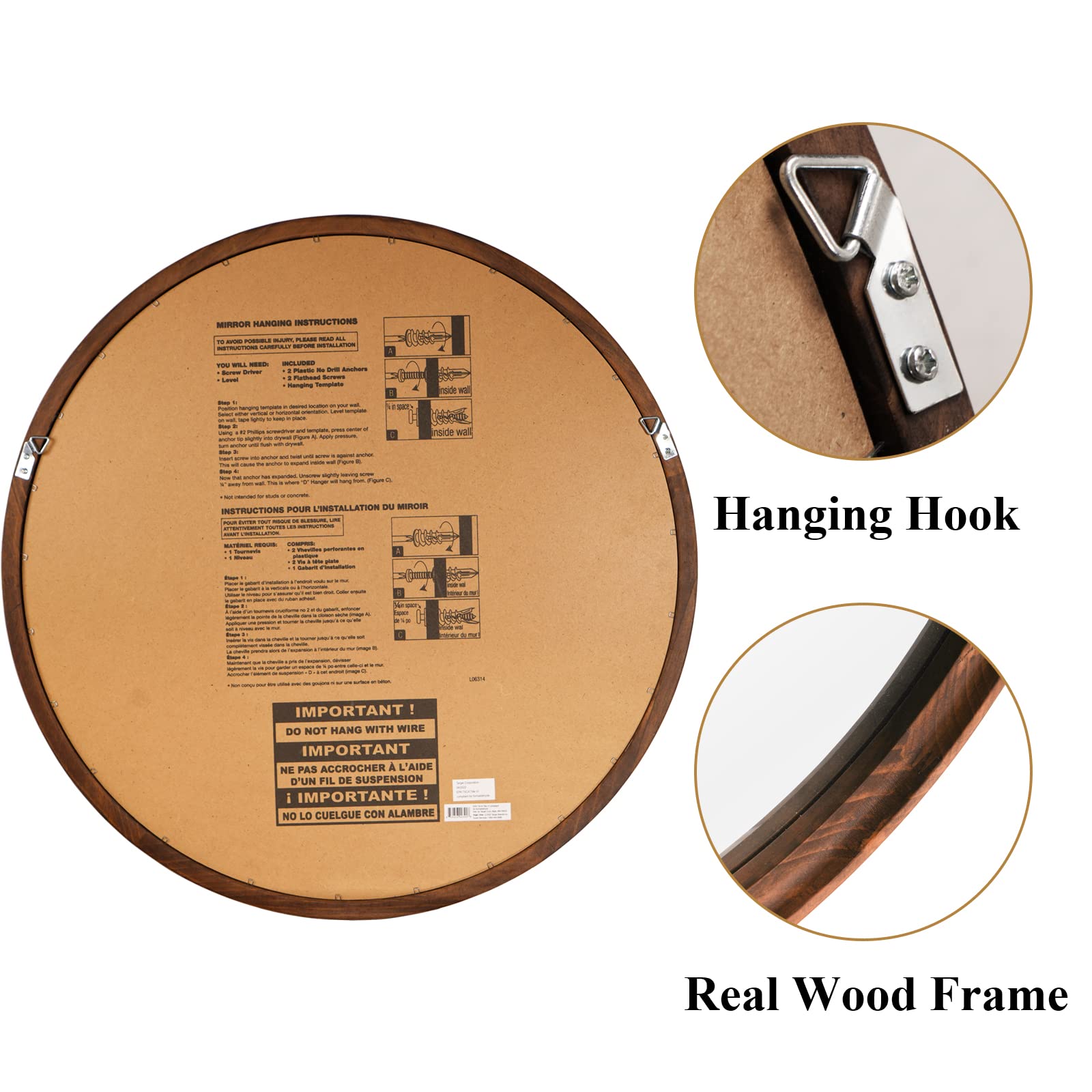 26 Inch Round Wooden Wall Mirror - Handcrafted Solid Wood Bathroom Vanity Mirror for Entryway, Living Room, Bedroom & Home Decor (Natural Brown) | Perfect for Farmhouse, Boho & Modern Interior Design Styles
