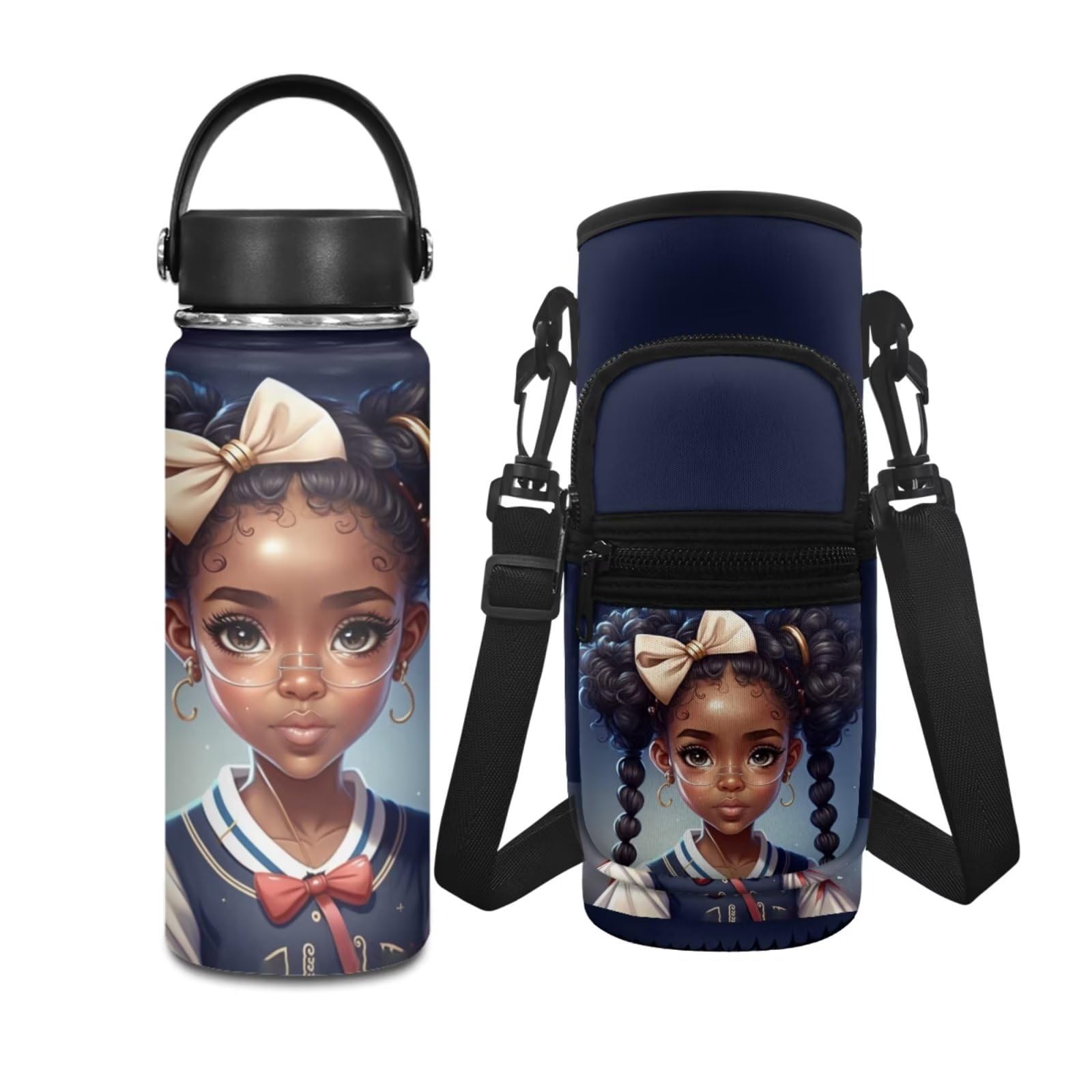 Hinthetall Black Girl Water Bottle - 18oz Vacuum Insulated Stainless Steel Tumbler with Leak-Proof Lid & Carrying Strap - Perfect for Gym, Sports, Travel & School - Keeps Drinks Hot/Cold for Hours