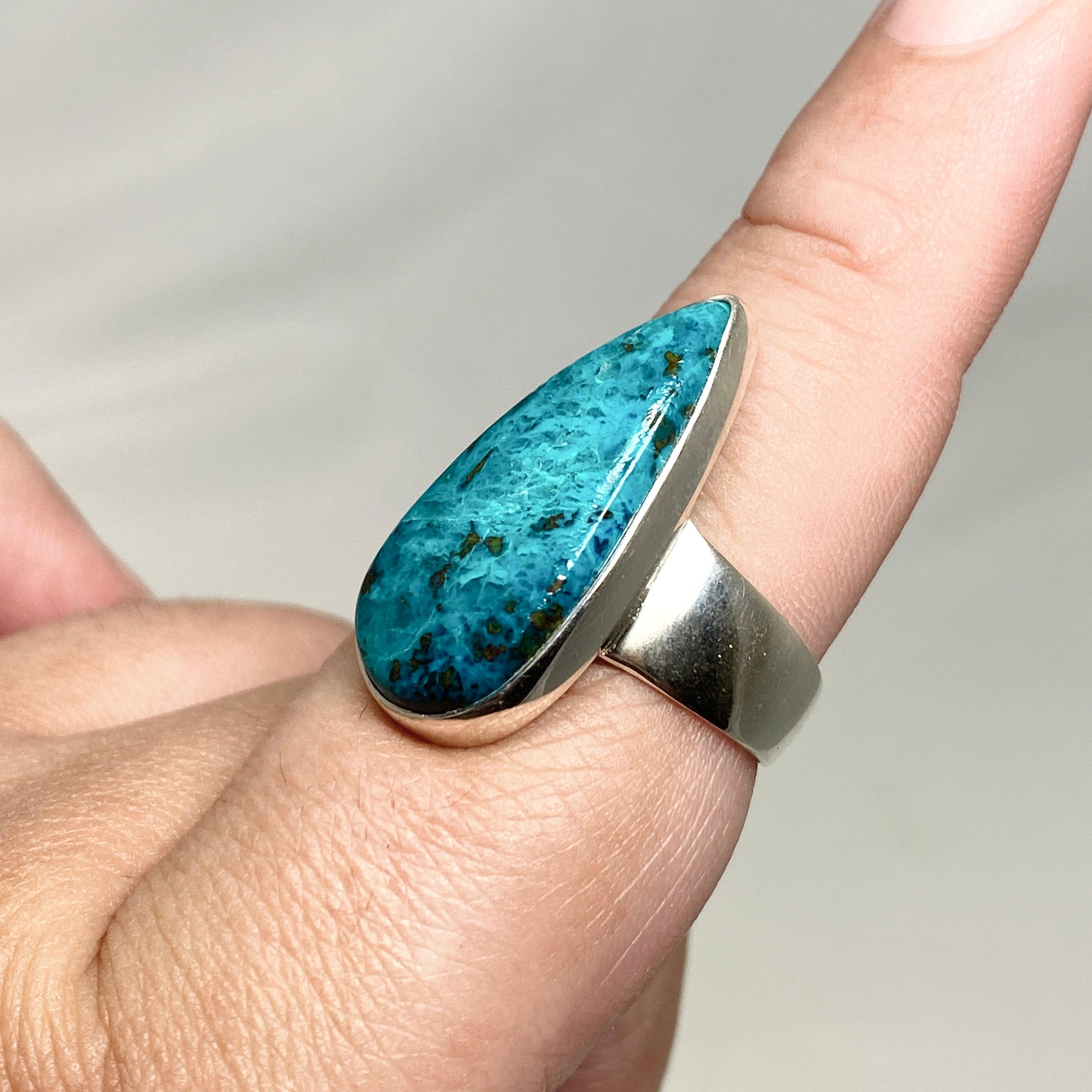 Chrysocolla and Shattuckite Teardrop Ring - Size 10 Sterling Silver Jewelry KRGJ3223 | Healing Crystal Ring for Meditation, Spiritual Gifts & Boho Fashion