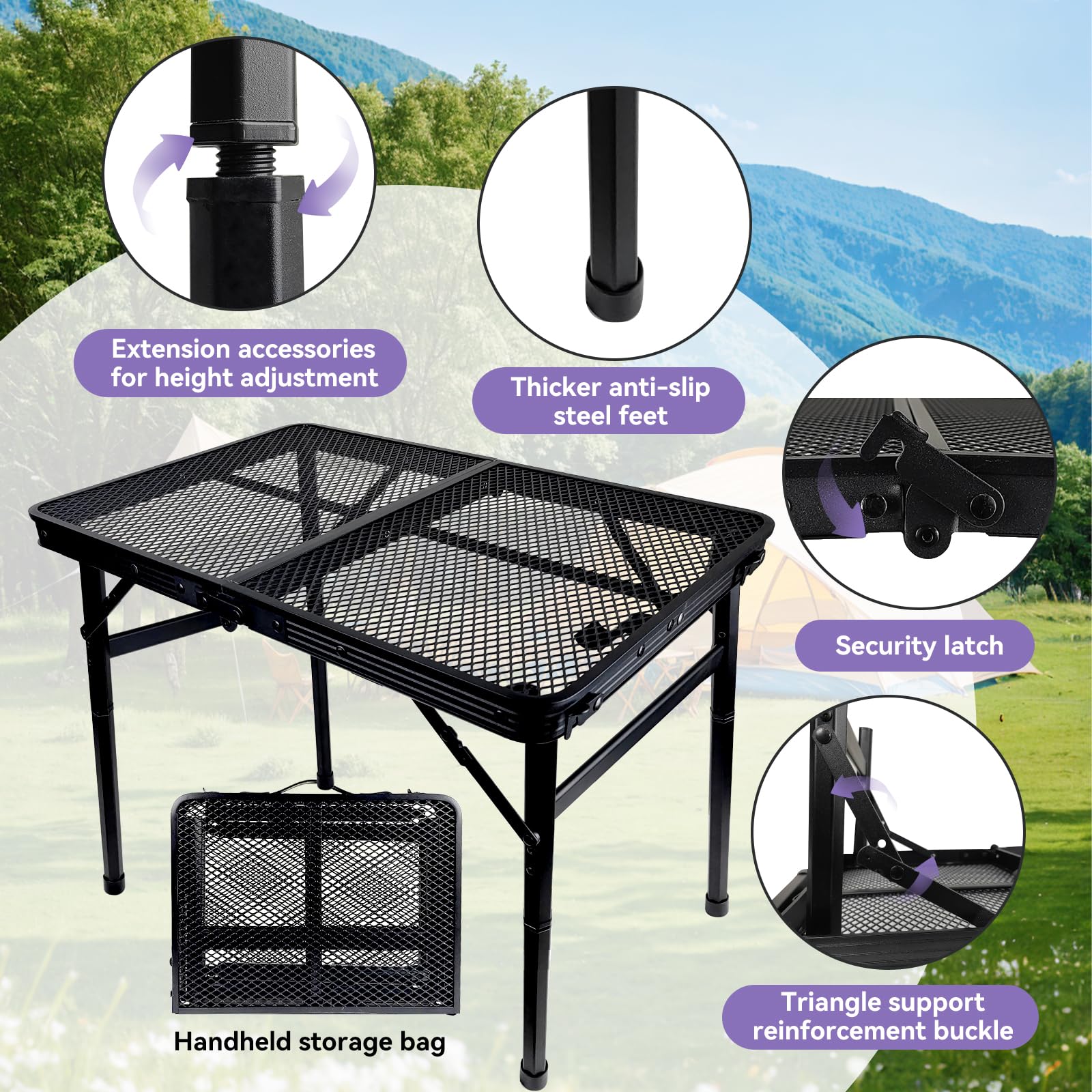 BRIAN & DANY Adjustable Height Folding Camping Grill Table - Portable 2x1.3FT Metal Picnic Table for Outdoor Cooking, BBQ, Tailgating & Backyard Parties (Black) | Compact & Lightweight Design Perfect for Camping, Beach Trips and RV Adventures