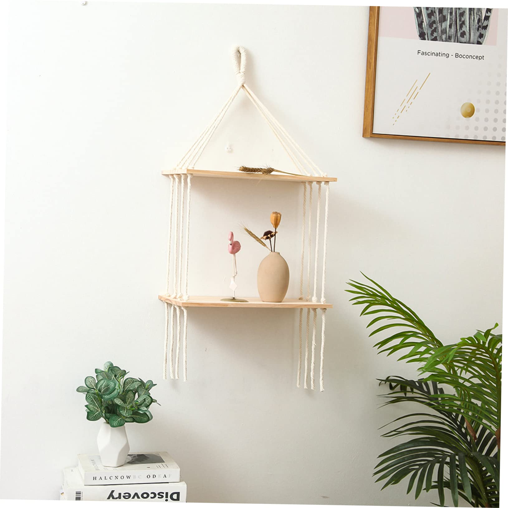 OFFSCH 1pc Macrame Plant Shelf - White Wood Hanging Pot Rack for Indoor Plants, Small Home Decor with Boho Style | Perfect for Living Room, Bedroom, or Kitchen Plant Display