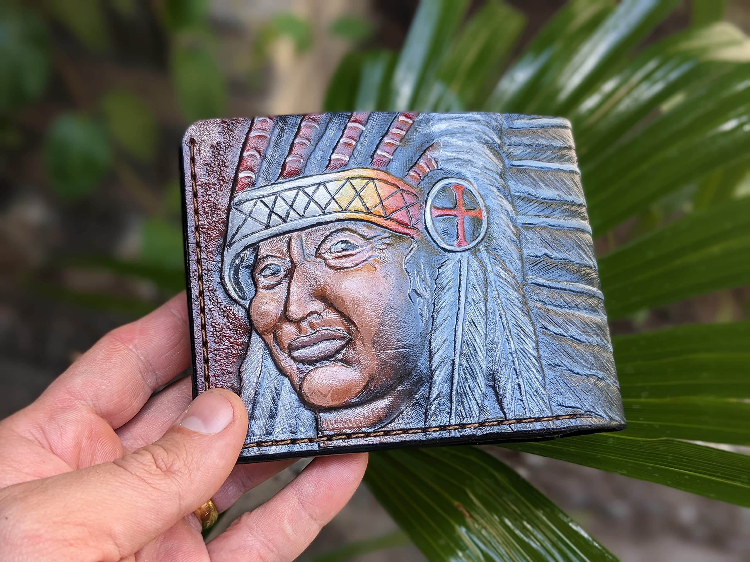 Authentic 3D Handmade Genuine Leather Bifold Wallet - Bald Eagle & Native American Chief Carved Design - Patriotic Airbrush Art Custom Men's Wallet for Everyday Use & Gift Giving