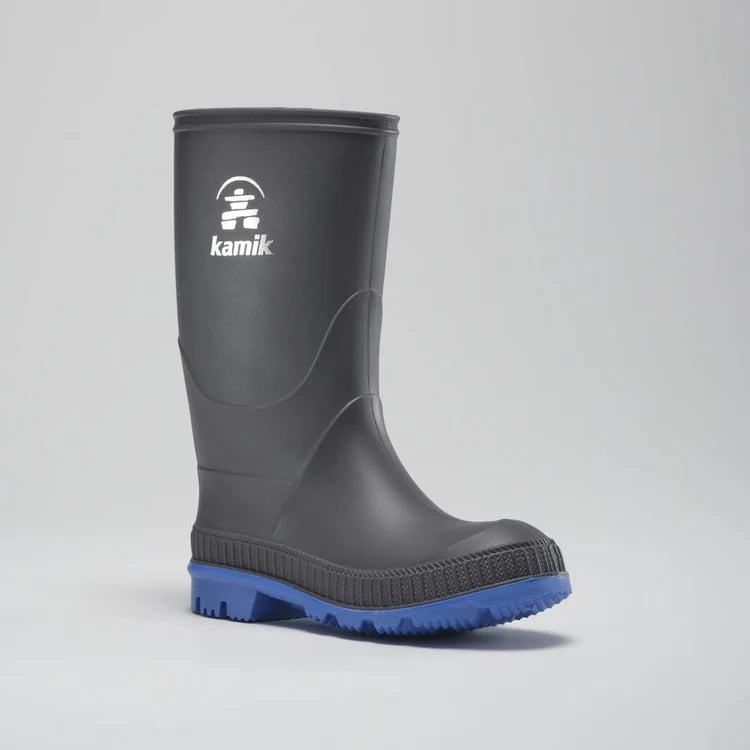Kamik Charcoal/Blue Stomp Kids' Rain Boots - Waterproof & Durable for Outdoor Play, Puddle Jumping & Rainy Day Adventures