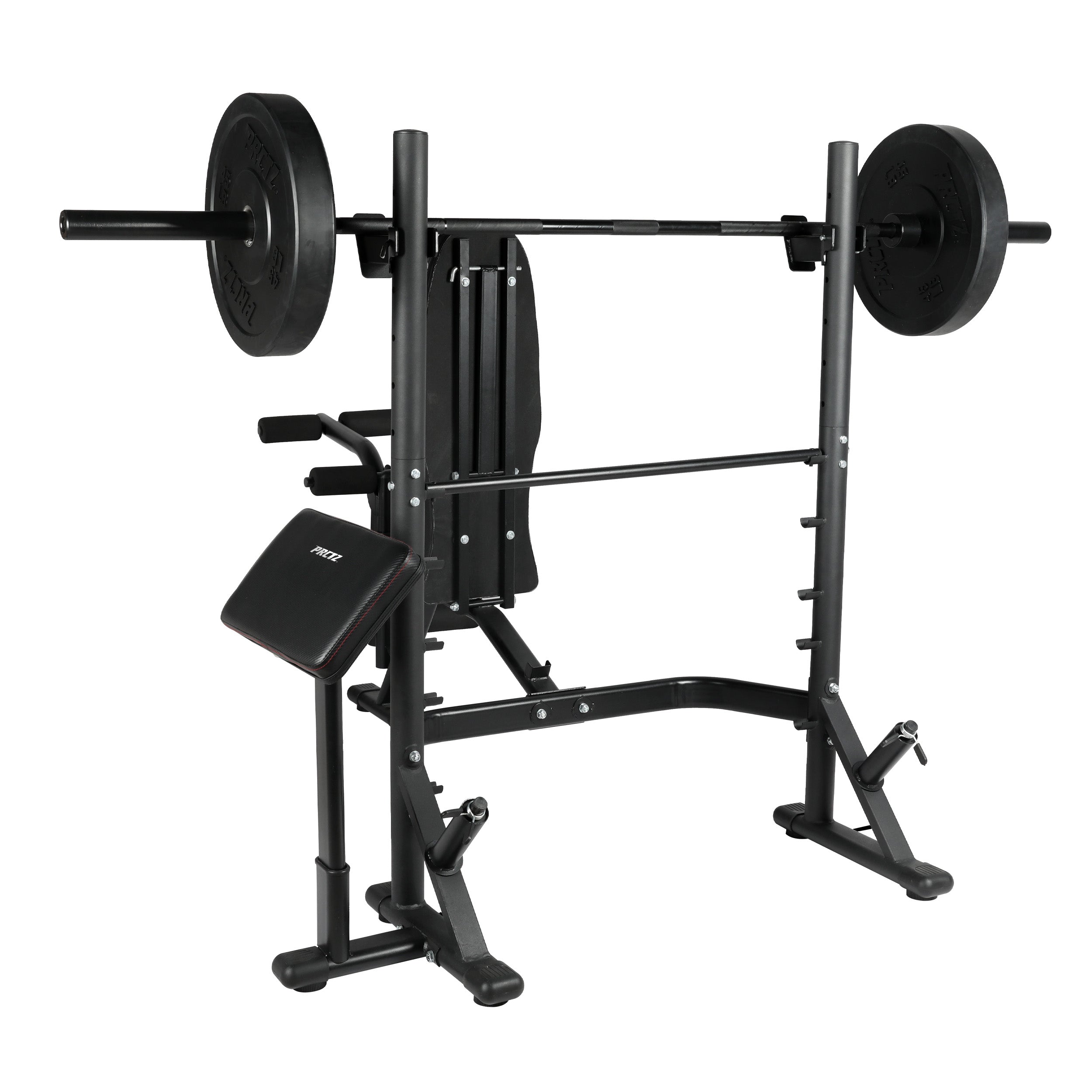 PRCTZ SP1 Home Gym Bundle - Adjustable Olympic Weight Bench with Squat Rack, 7ft Olympic Barbell, 45lb Rubber Bumper Plates & 40lb Cast Iron Adjustable Dumbbells - Perfect for Home Workouts, Strength Training & Weightlifting