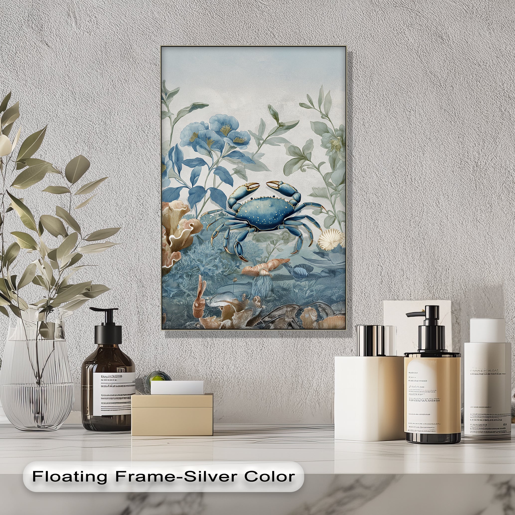 Blue Crab in Botanical Reef - Coastal Nature Canvas Print Wall Art | Beach House Decor, Ocean Themed Living Room, Coastal Bedroom Decor