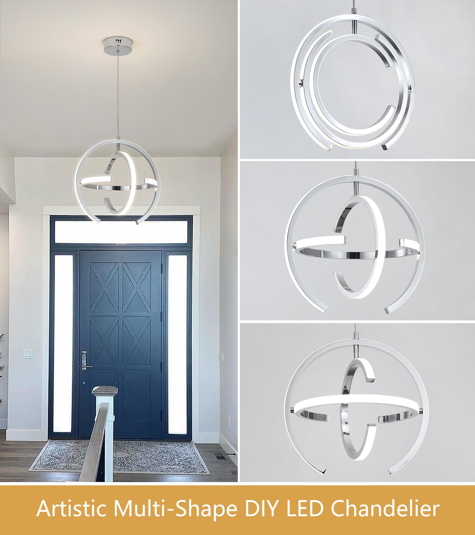 Q&S Modern LED Chandelier - Chrome Silver Round Globe Pendant Light Fixture for Kitchen Island, Dining Room, Living Room & Entryway - Energy Efficient Hanging Light for Home Decor & Ambience