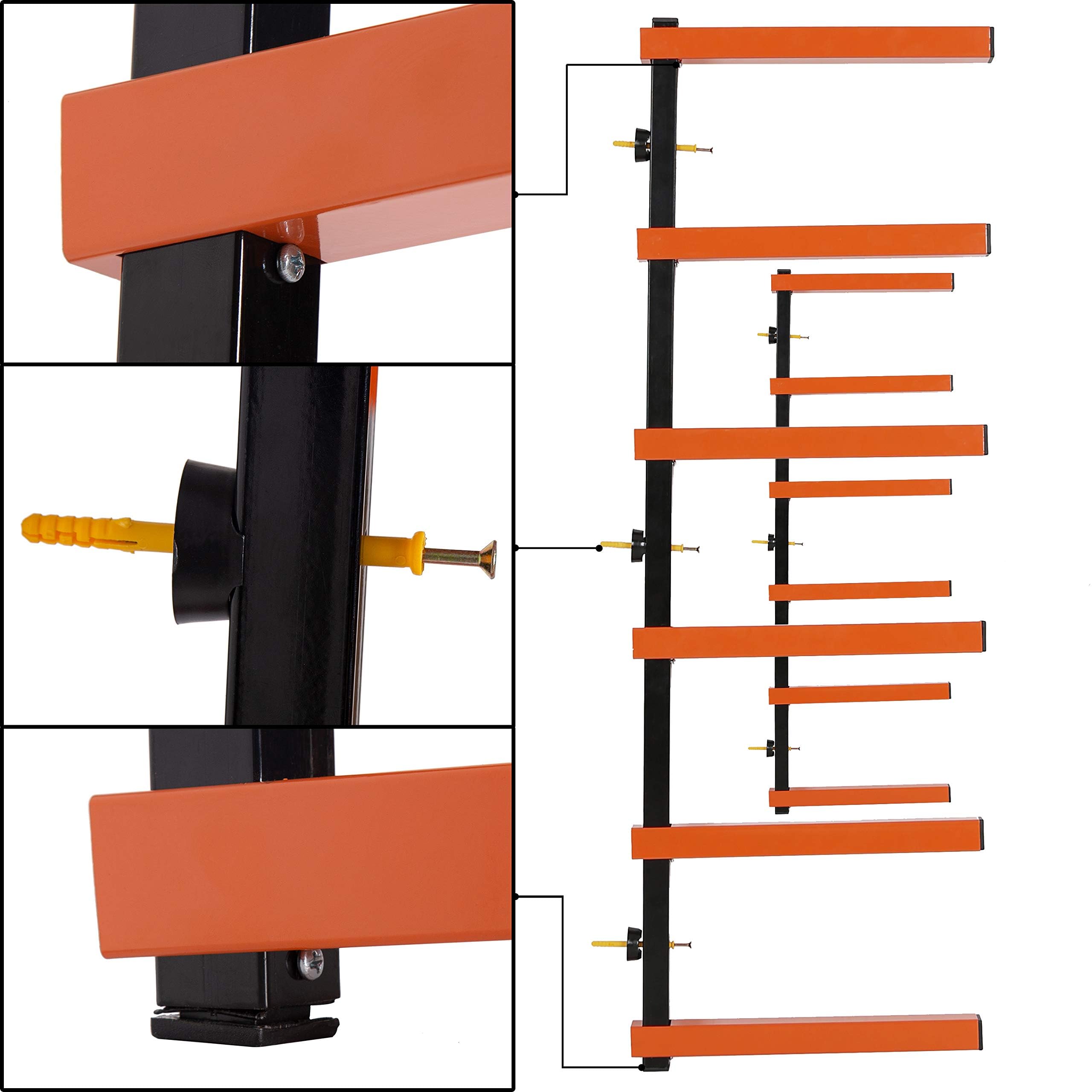 ECOTRIC Heavy Duty 6-Tier Wall Mount Lumber Rack - 600 lbs Capacity Metal Wood Storage Shelf Organizer for Indoor & Outdoor Use (Orange) - Perfect for Garage, Workshop, and Backyard Lumber Organization