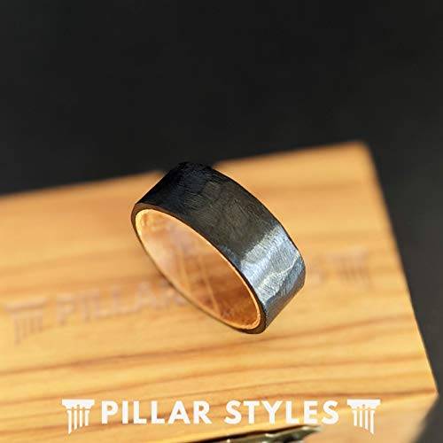 8mm Titanium Whiskey Barrel Wedding Band for Men - Hammered Black Wooden Ring - Unique Wood & Metal Mens Jewelry - Perfect for Grooms, Anniversaries & Whiskey Lovers