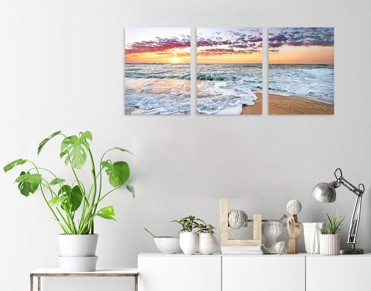 TutuBeer 3-Panel Beach Wall Art - Coastal Home Decor with White Sand Sunrise & Deep Blue Sky - 12x16 Inch Framed Beach Pictures for Living Room, Bedroom & Kitchen - Perfect Beach House Decorations & Ocean Themed Gifts