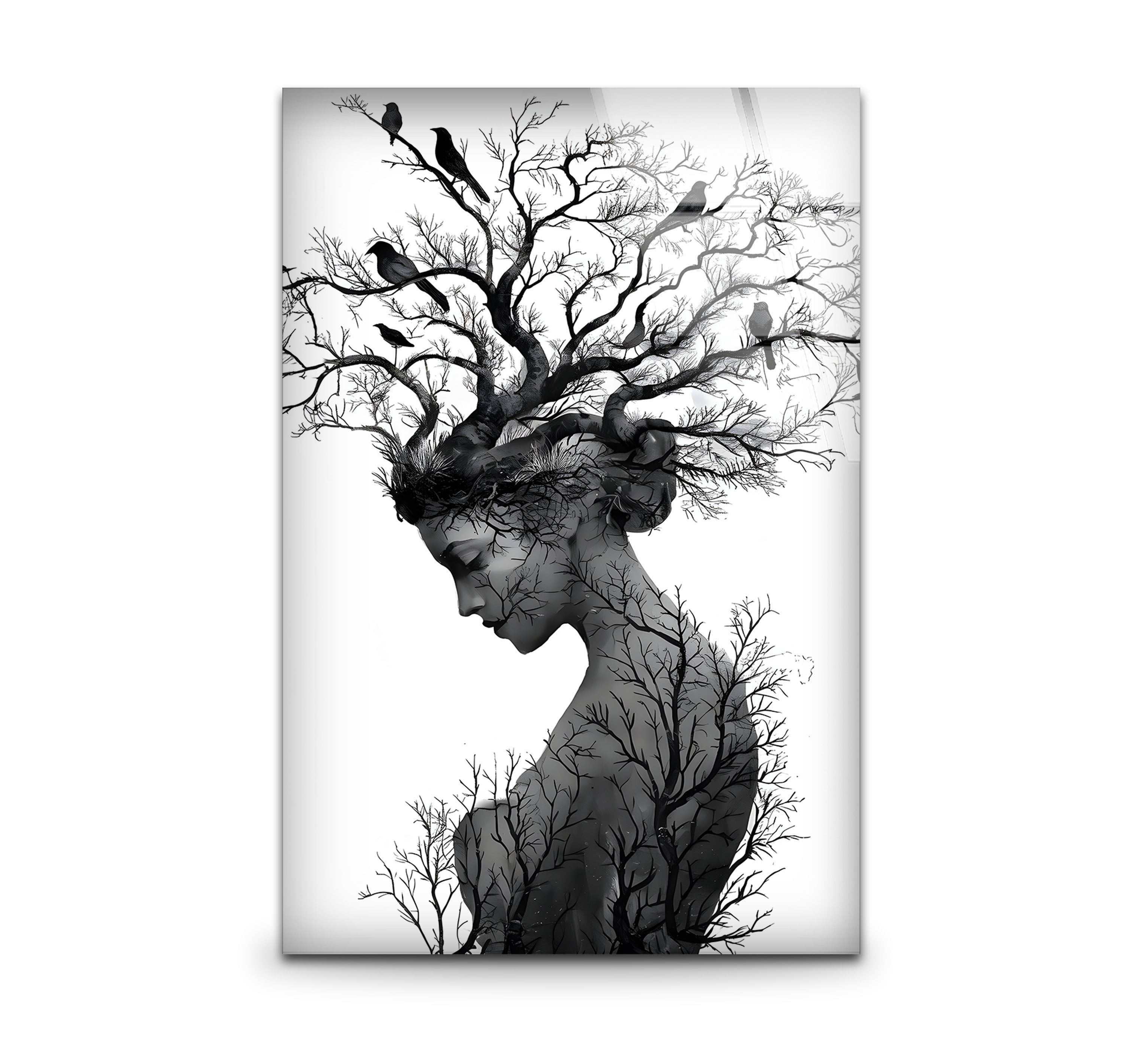 Black and White Mother Nature Glass Wall Art - Elegant Nature-Inspired Home Decor for Living Room, Bedroom & Office