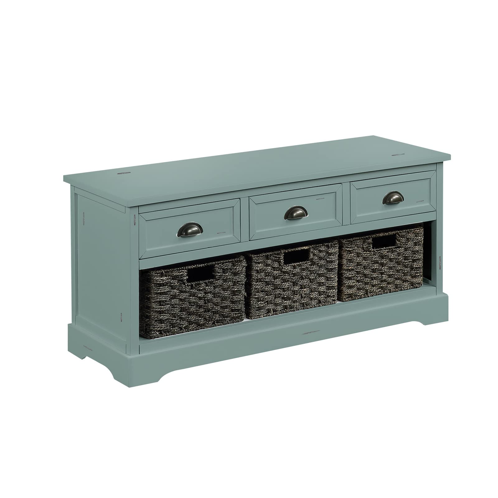 VERYKE Wooden Entryway Bench with 3 Woven Baskets & 3 Drawers - Shoe Storage Bench with Handle for Living Room, Bedroom, Hallway - Perfect for Organizing Shoes, Hats & Accessories (Green)