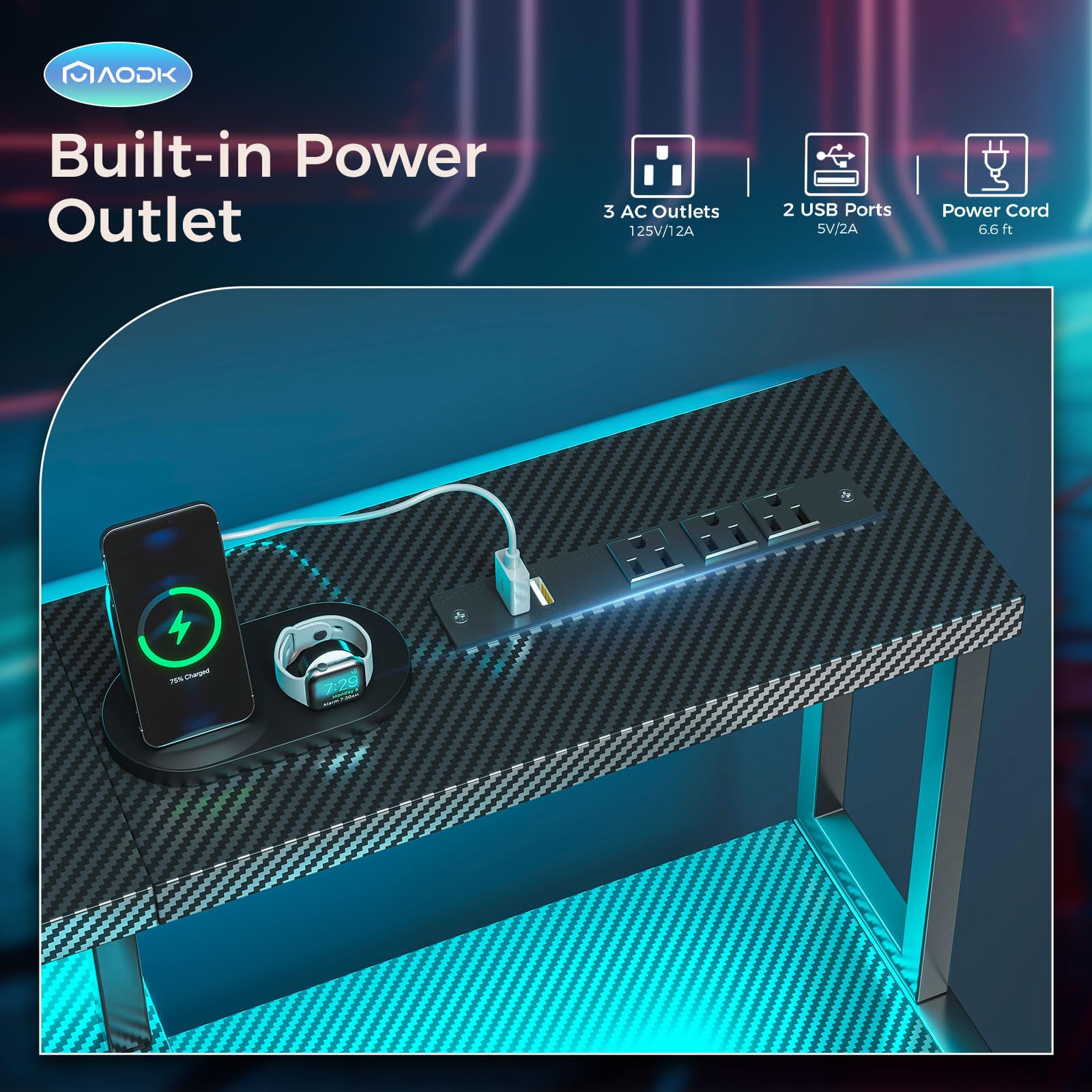 AODK 48 Inch Gaming Computer Desk with LED Lights & Power Outlet - Carbon Fiber Black Office Desk with Monitor Shelf, Headphone Hook & Printer Storage | Perfect for Home Office, Gaming Setup & Workspace Organization