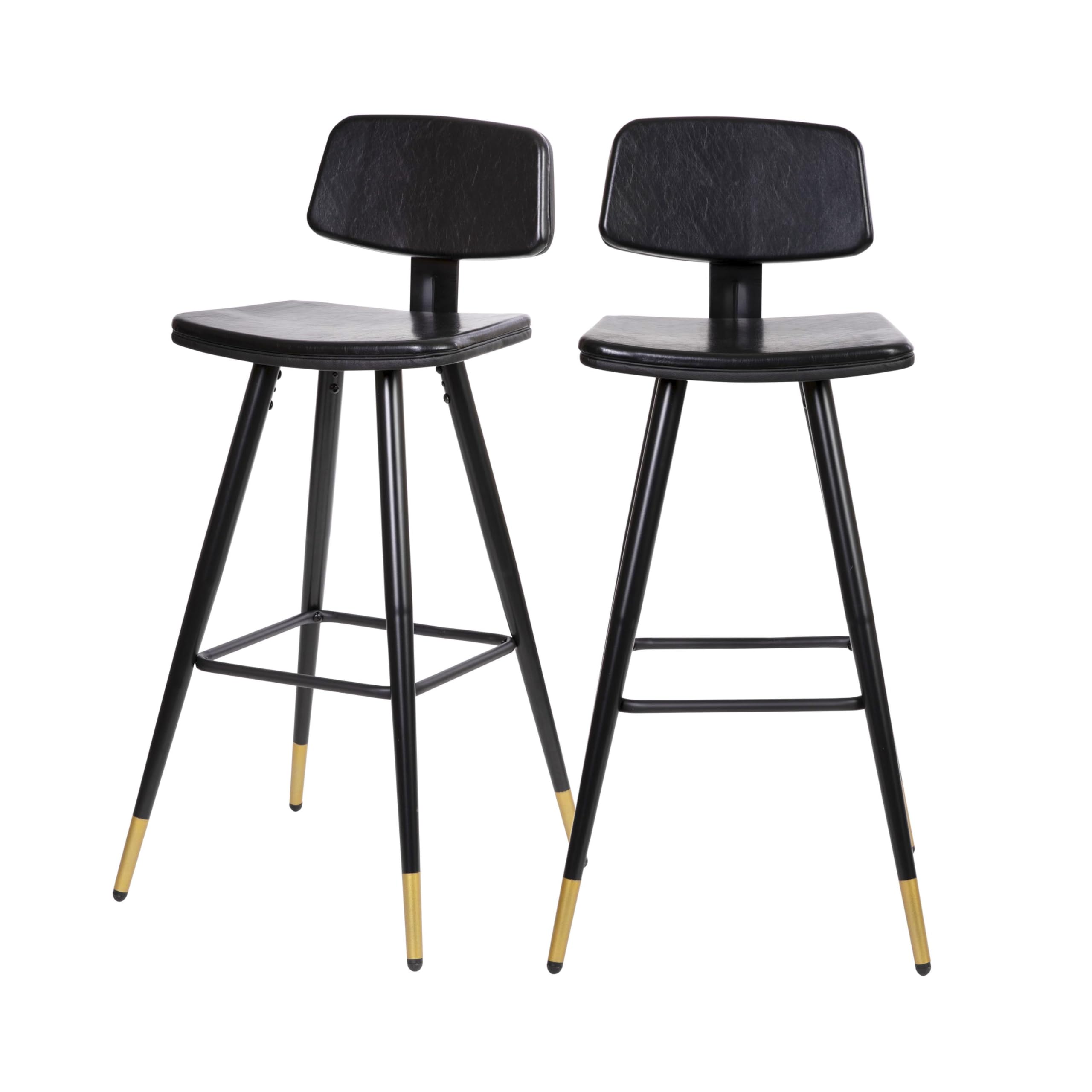 EMMA + OLIVER Set of 2 Commercial Grade Black LeatherSoft Barstools with Gold Tipped Iron Legs - Modern Kitchen Counter Stools for Dining, Bar & Home Decor