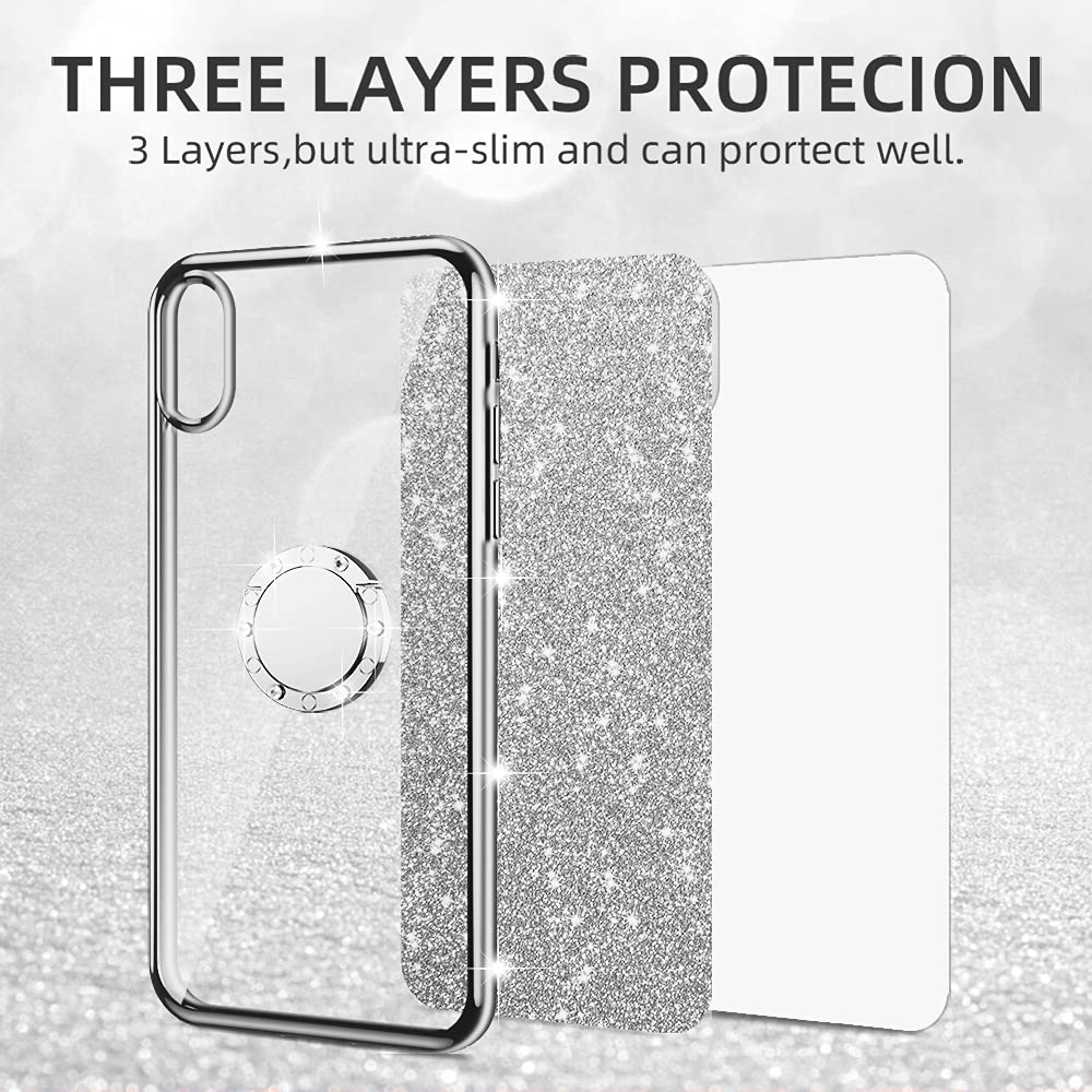 OnePlus Nord N100 Phone Case with Ring Kickstand & Lanyard - Cute Glitter TPU Bumper Cover for Shockproof Protection (Silver) - Perfect for Women, Men & Teens - Daily Use, Work, Travel & Outdoor Activities