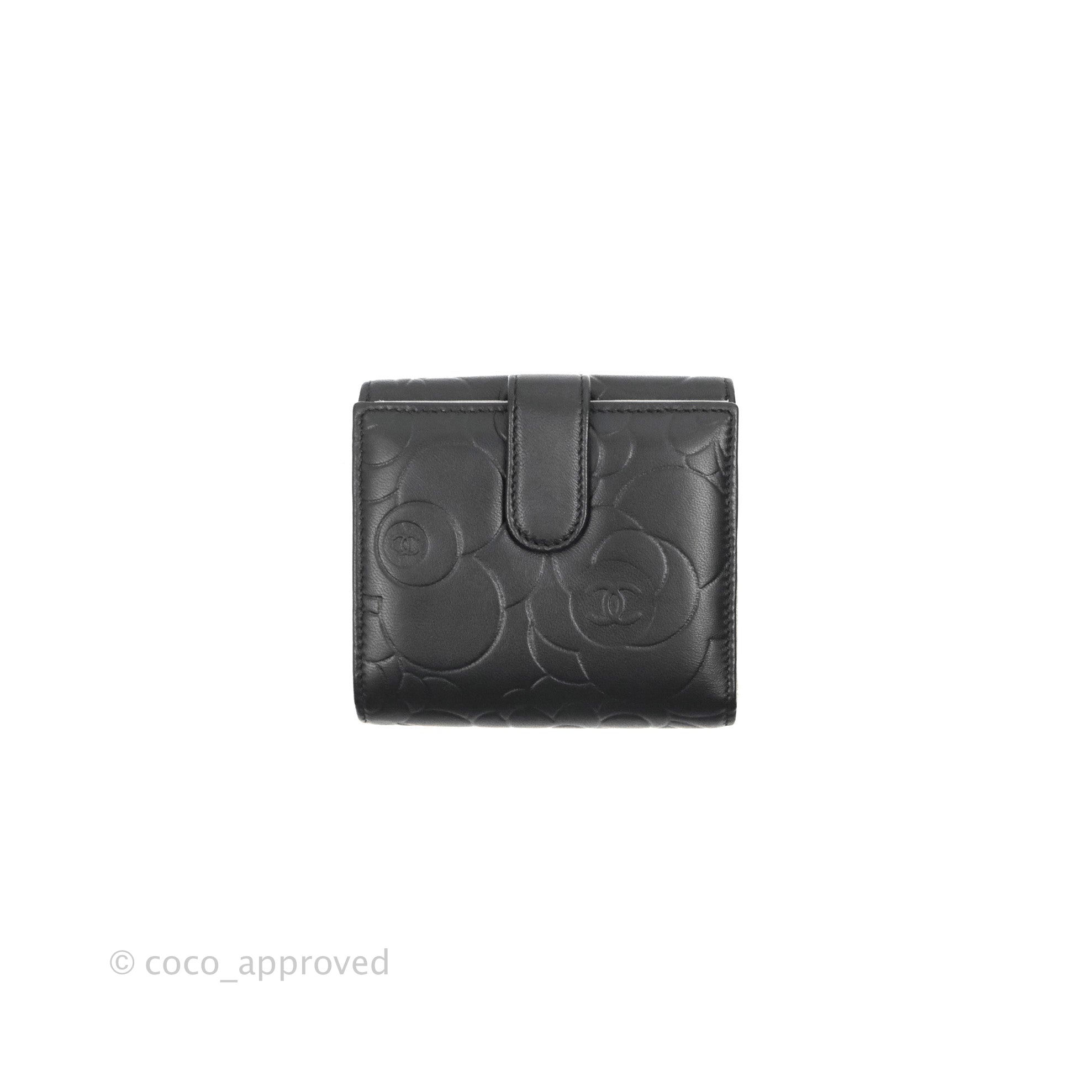 Chanel Camellia Embossed Tri-Fold Short Wallet in Black Lambskin with Silver Hardware - Luxury Compact Wallet for Everyday Use & Special Occasions