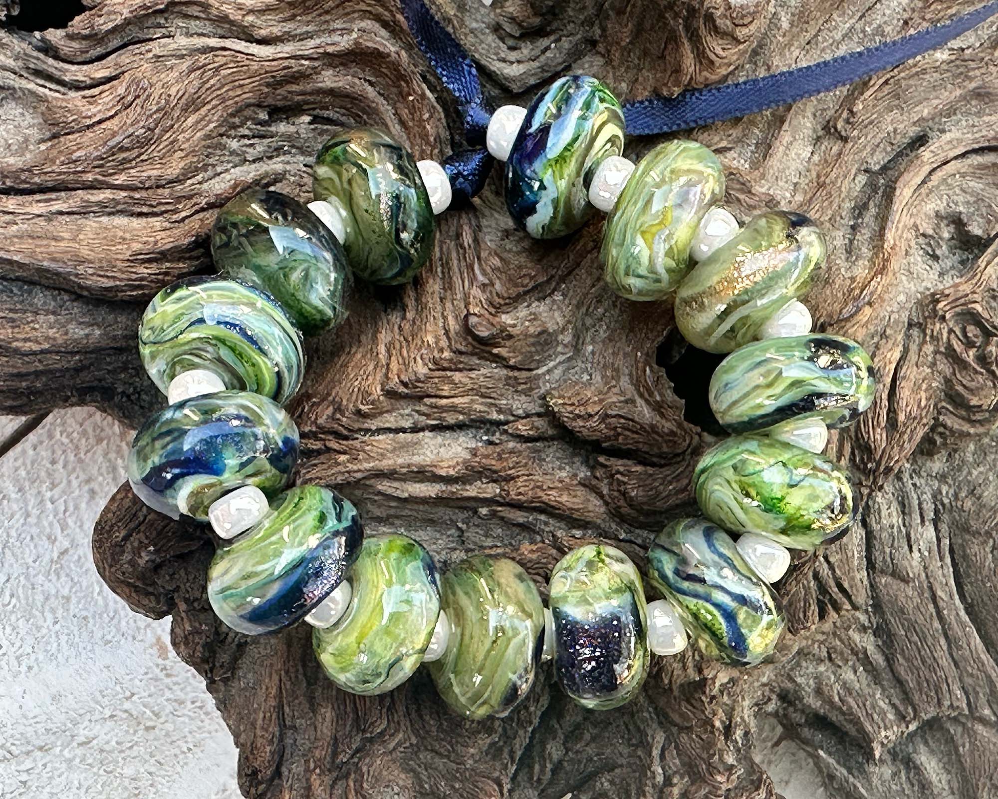 14pcs Handmade Lampwork Glass Beads - Green Blue Shimmer for Jewelry Making, DIY Crafts, Bracelets & Necklaces - Perfect for Beaders & Artists