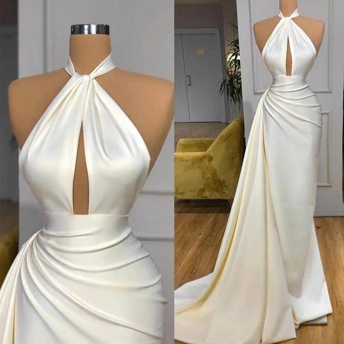2025 Ivory Halter Mermaid Prom Dresses - Long Satin Pageant Gown with Detachable Train & High Slit | Elegant Formal Evening Gown for Homecoming, Quinceañera & Wedding Guest Dresses