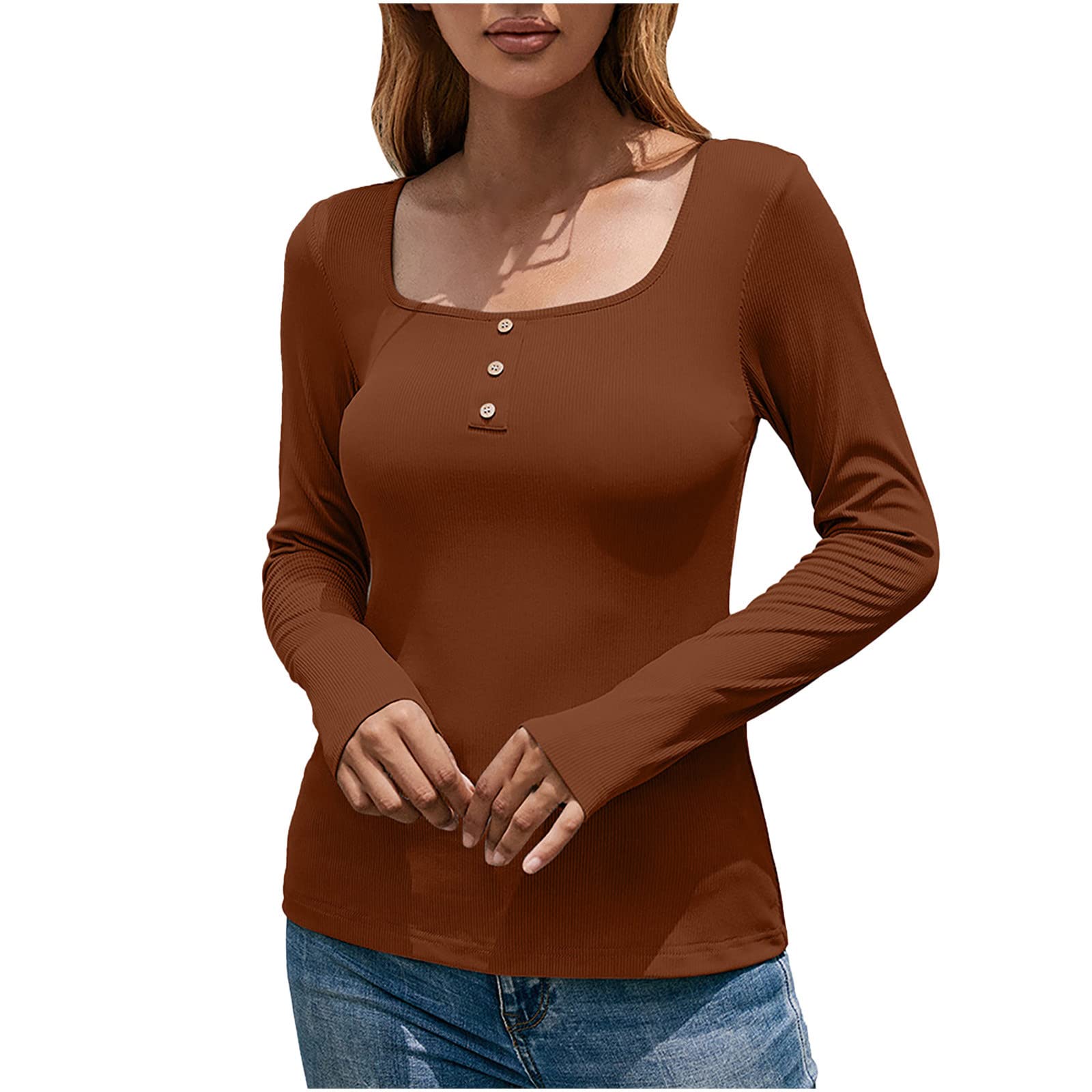 Women's Long Sleeve Shirts - Sexy Solid Square Neck Button Blouses for Casual Wear, Slim Fit Spring Tops for Office, Dating & Everyday Outfits