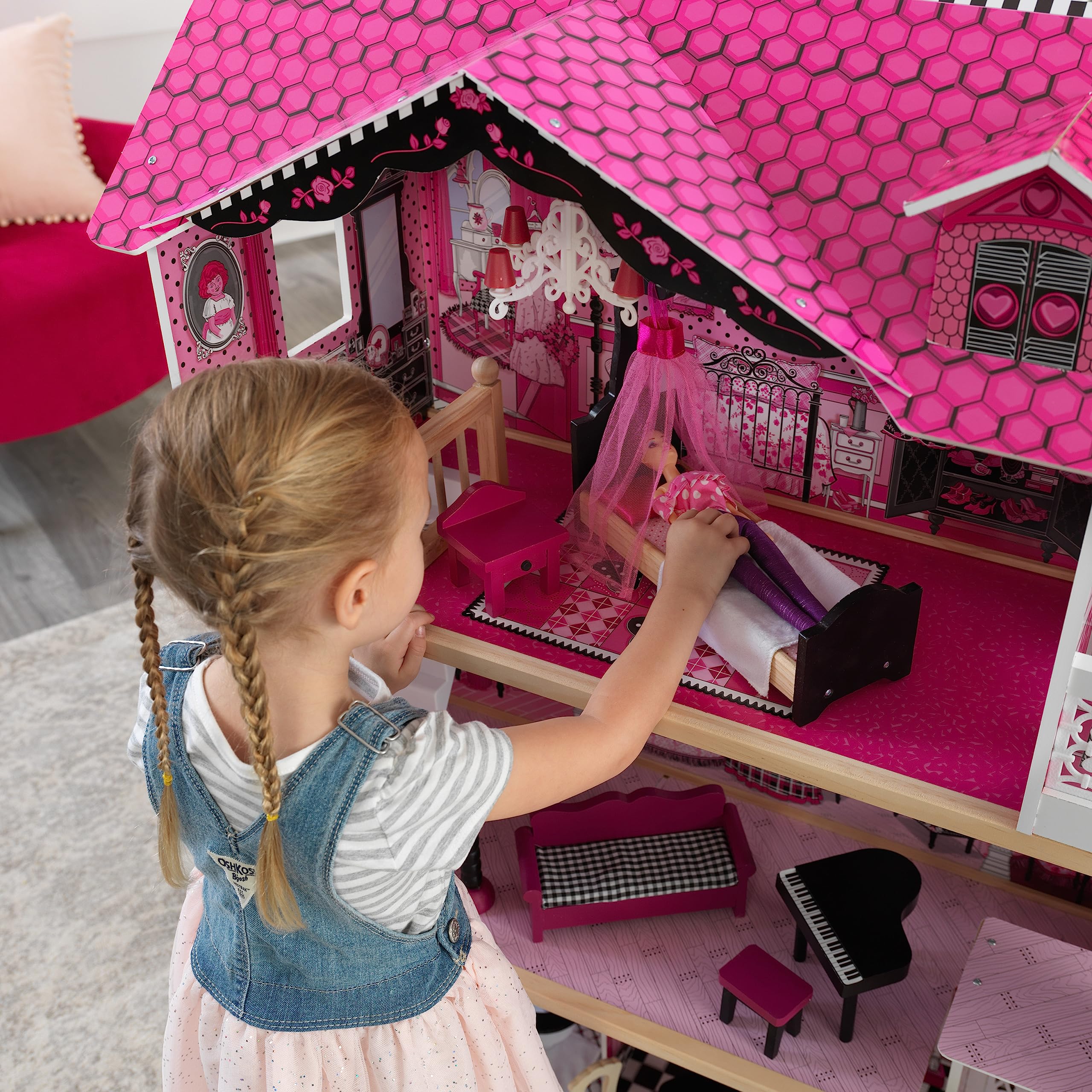 KidKraft Amelia Wooden Dollhouse with Elevator & Balcony - 15-Piece Furniture Accessories Set, Pink Playhouse for Girls Ages 3+ | Perfect for Pretend Play, Birthday Gifts & Nursery Decor