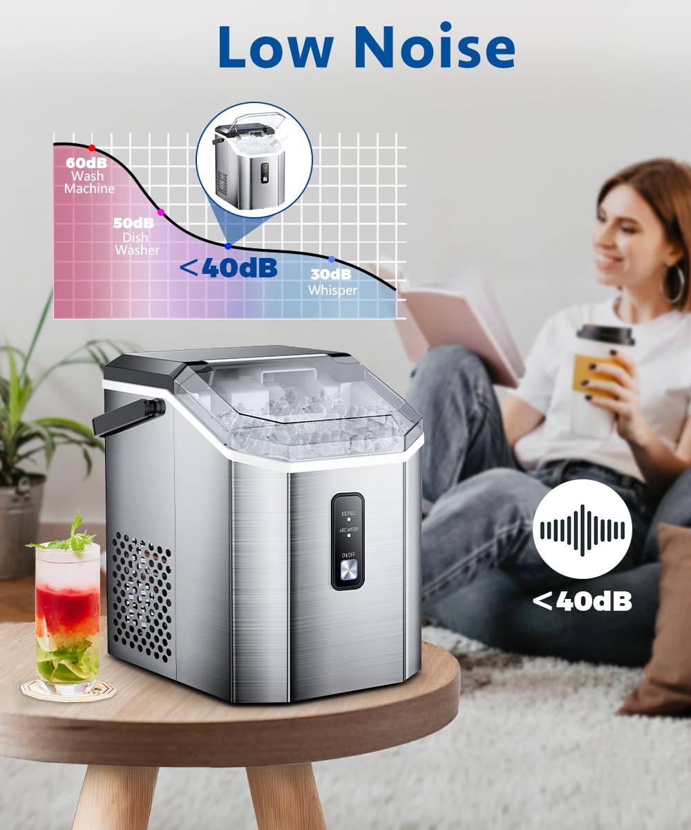 Joy Pebble Nugget Stainless Steel Ice Maker Machine - 10,000pcs/33lbs Daily Output, Portable Countertop Ice Maker with Self-Cleaning Function, Includes Ice Scoop & Basket (Silver) - Perfect for Home Bars, Parties, Offices and Outdoor Camping