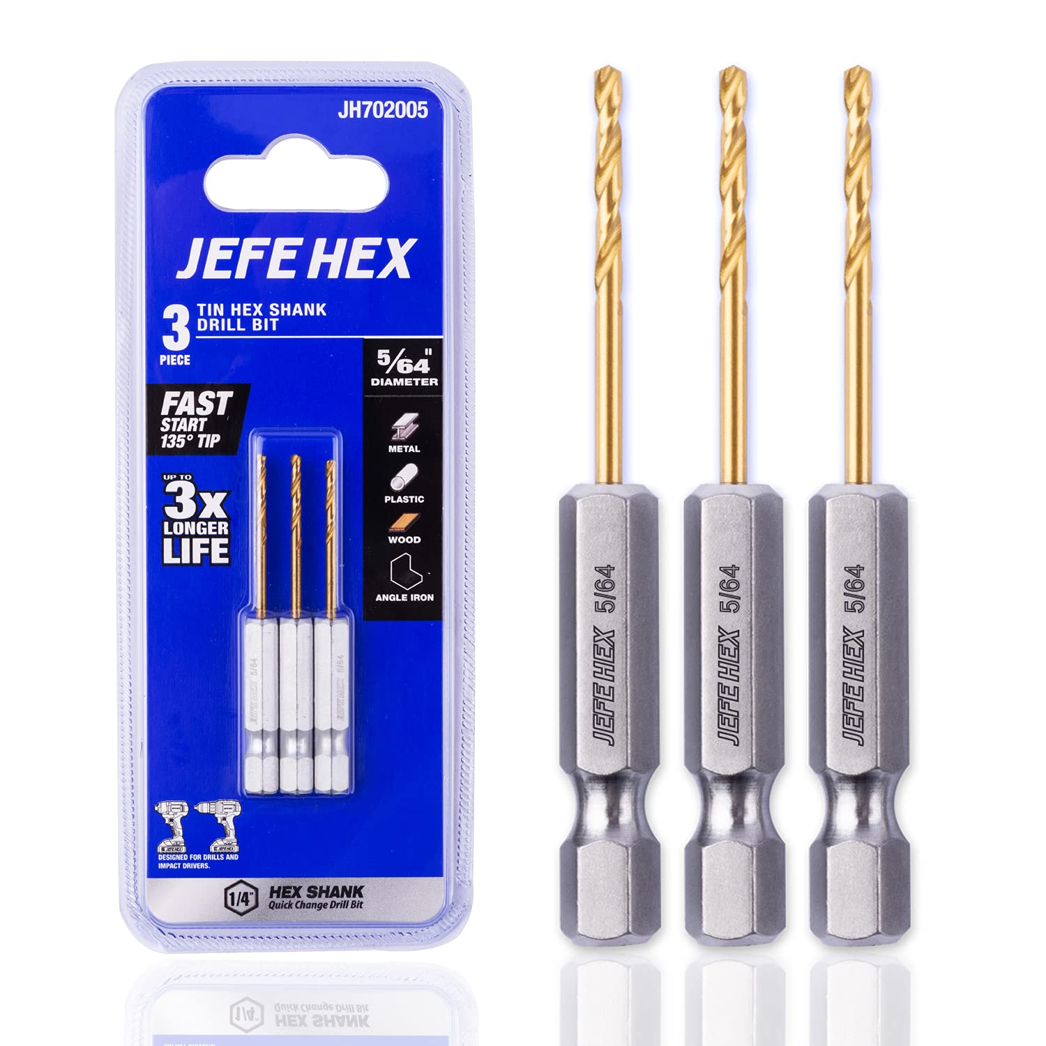 3-Piece HSS Titanium Coated Hex Shank Drill Bit Set - 5/64