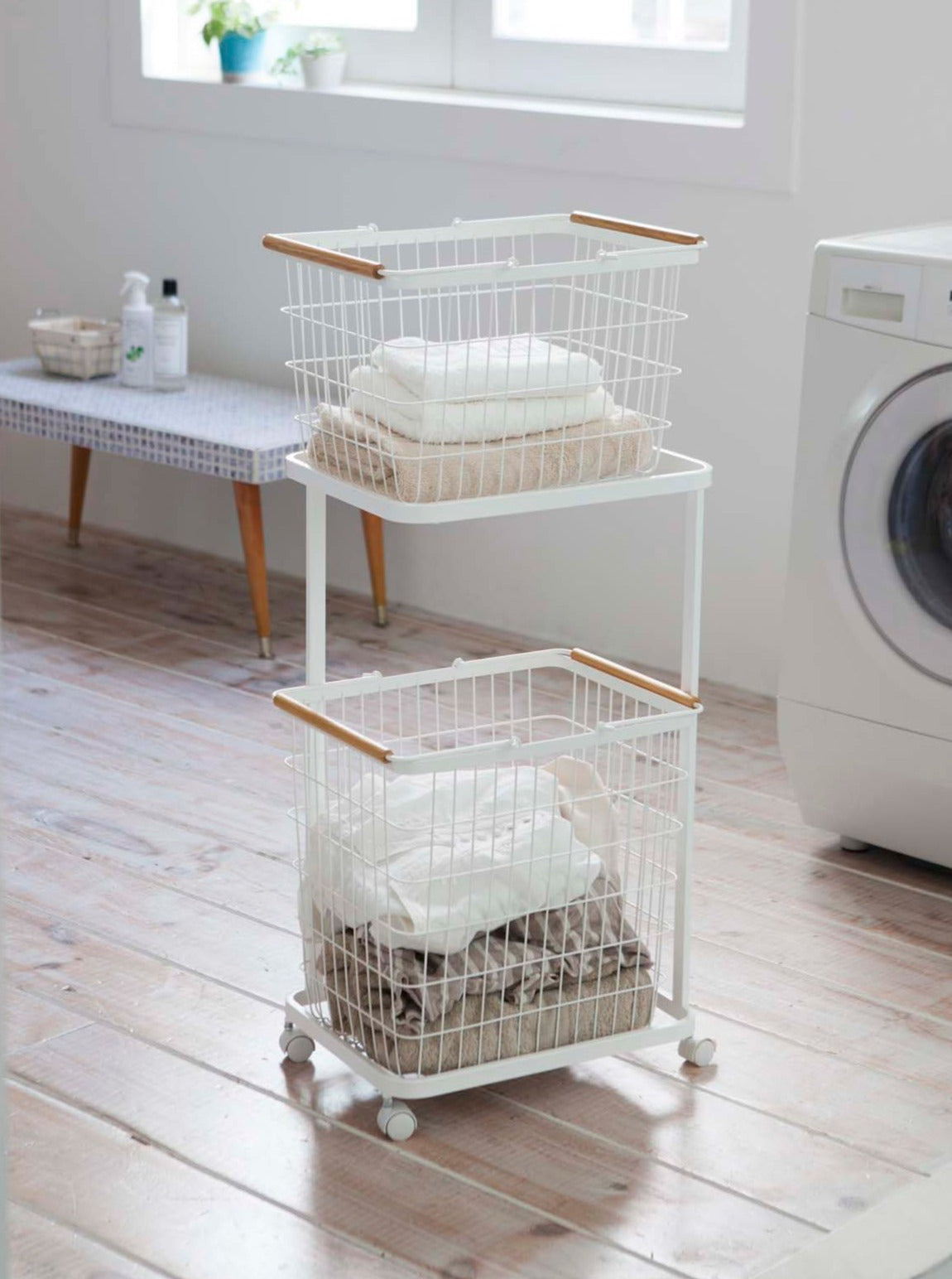 Sturdy Rolling Laundry Cart with 3 Wire Baskets - Steel Frame & Wooden Top - Perfect for Bedroom, Laundry Room or Dorm Organization
