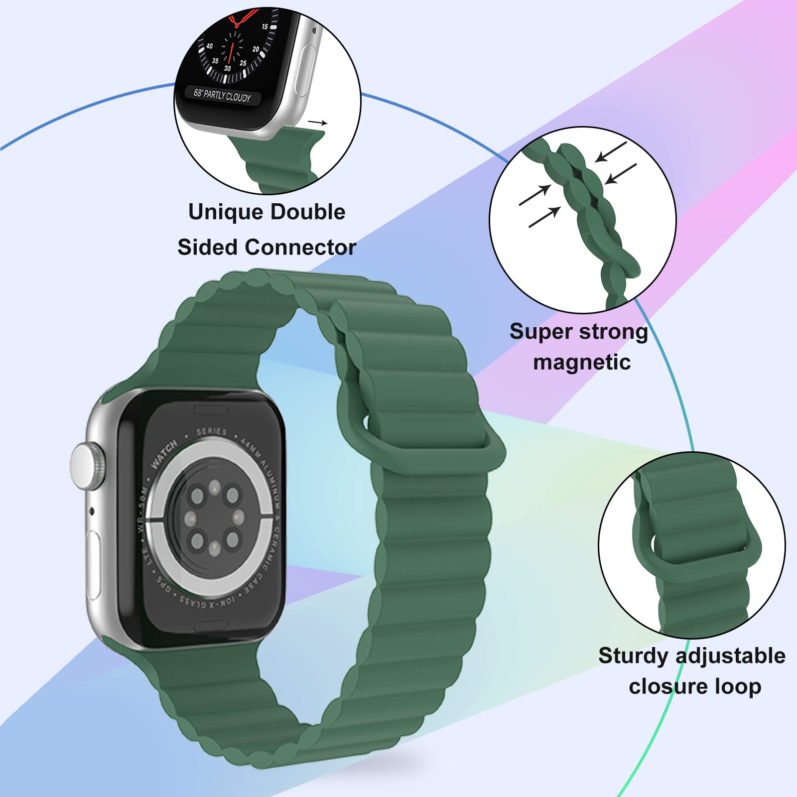 Premium Silicone Magnetic Watch Band for Apple Watch Series Ultra/8/7/6/5/4/SE/3/2 - Compatible with 49mm/45mm/44mm/42mm - Adjustable Soft Strap for Men & Women - Perfect for Workouts, Running & Everyday Wear