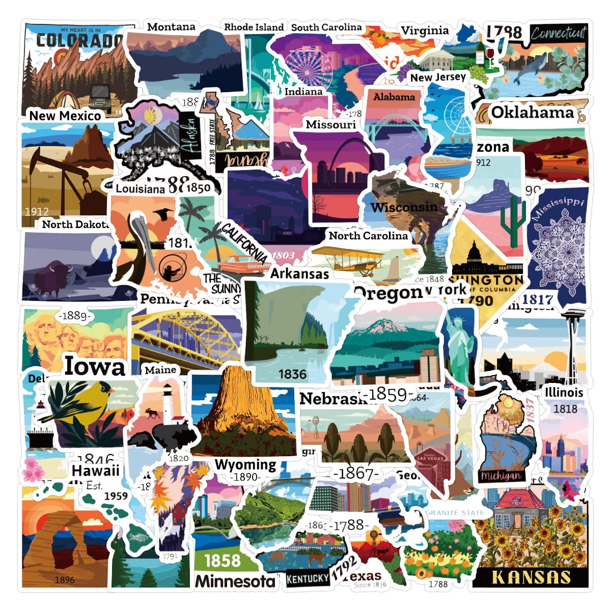 50Pcs USA Map Stickers - Waterproof Vinyl Decals for Water Bottles, Laptops, Phones & Scrapbooks | Fun Travel-Themed Stickers for Kids, Teens & Adults | Perfect for Travel Accessories, School Projects & DIY Crafts