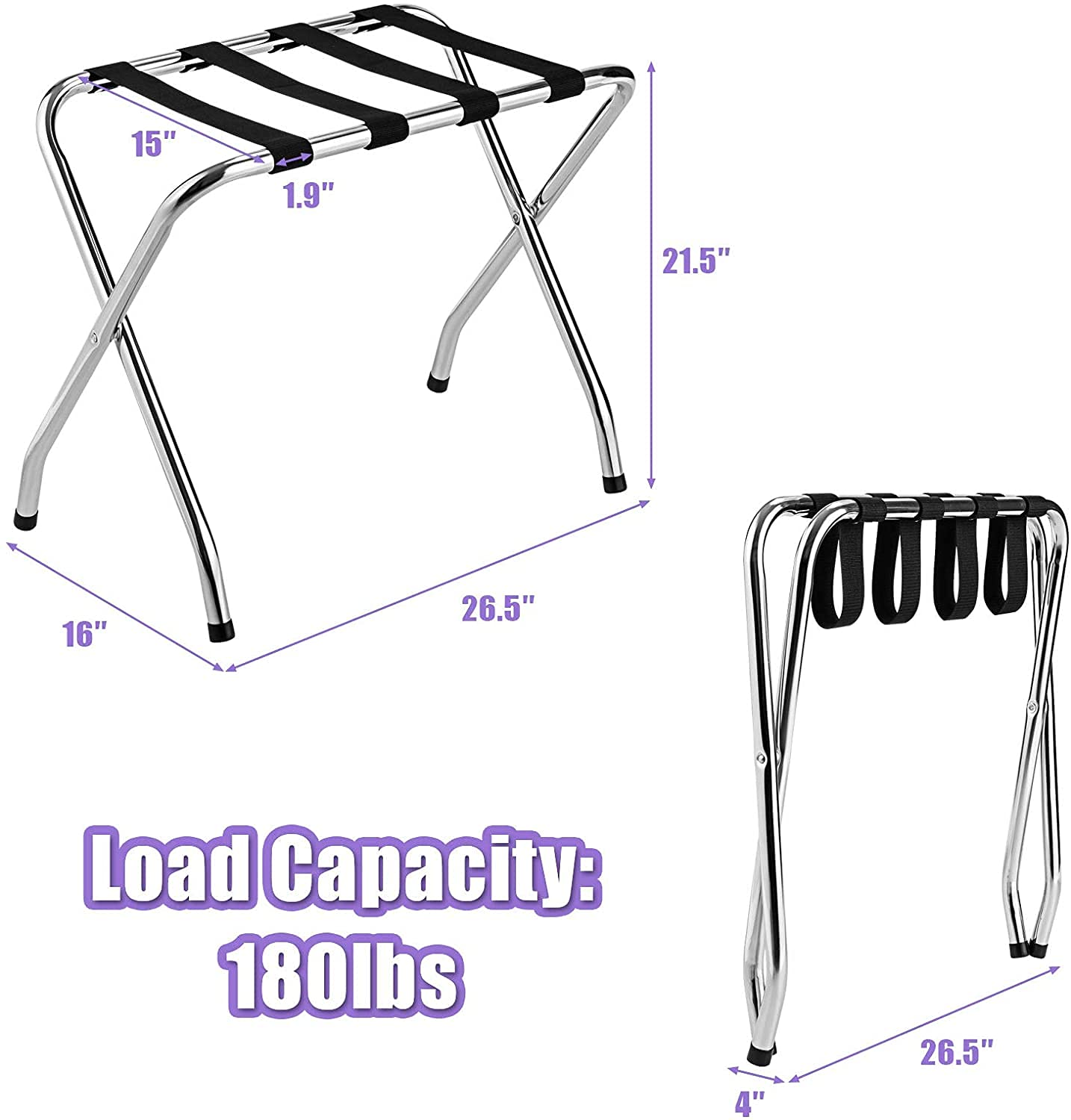 Chrome Folding Luggage Rack with Nylon Straps - No Assembly Required Metal Suitcase Stand for Bedroom, Guest Room & Hotel Use (2 Pack) - Perfect for Travel Storage & Space-Saving Organization