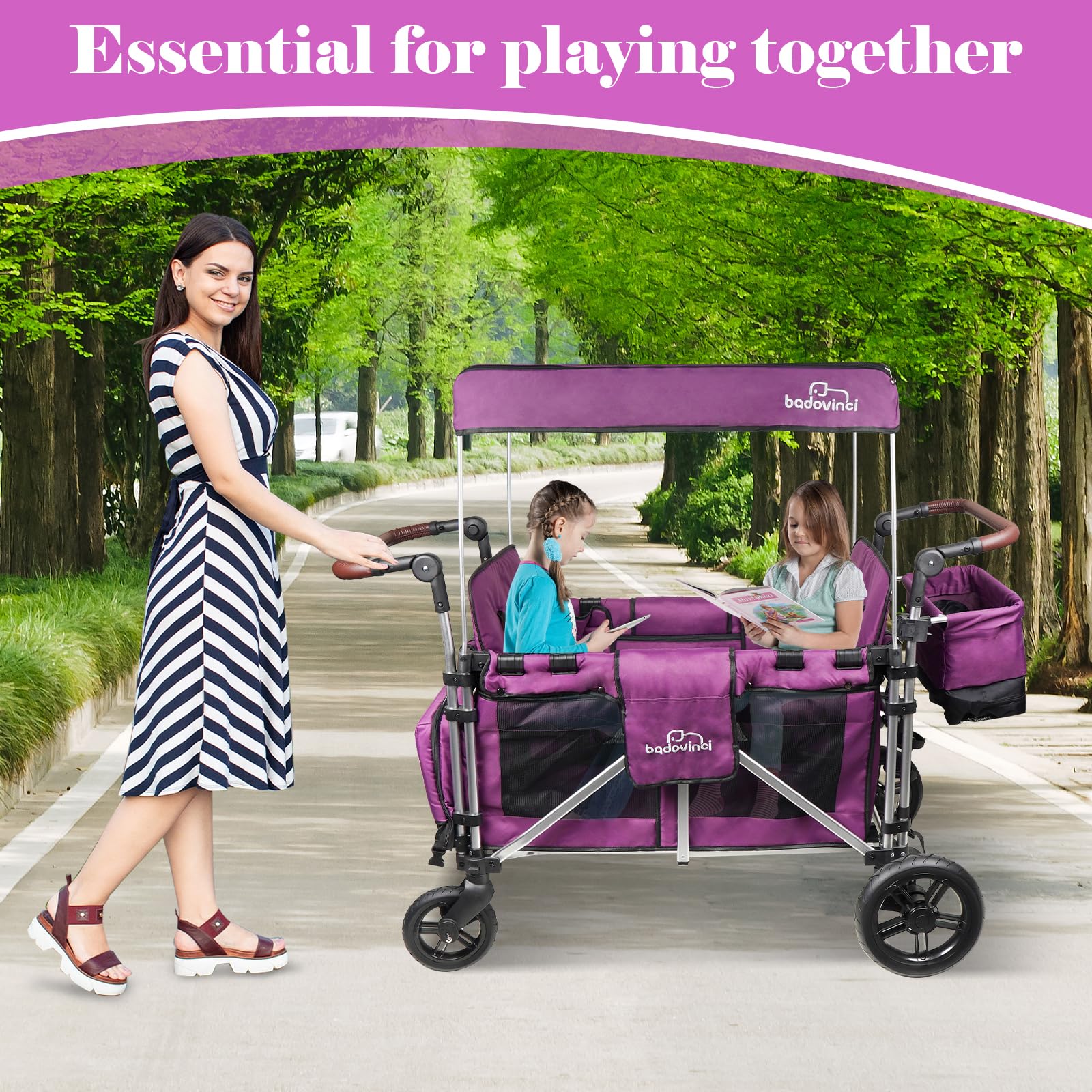 2-in-1 Stroller Wagon for Kids - Double Seat with 5-Point Safety Harness & Adjustable Canopy - Foldable Push-Pull Design for Outdoor Adventures, Shopping, and Family Outings | Perfect for Parks, Camping, and Grocery Trips