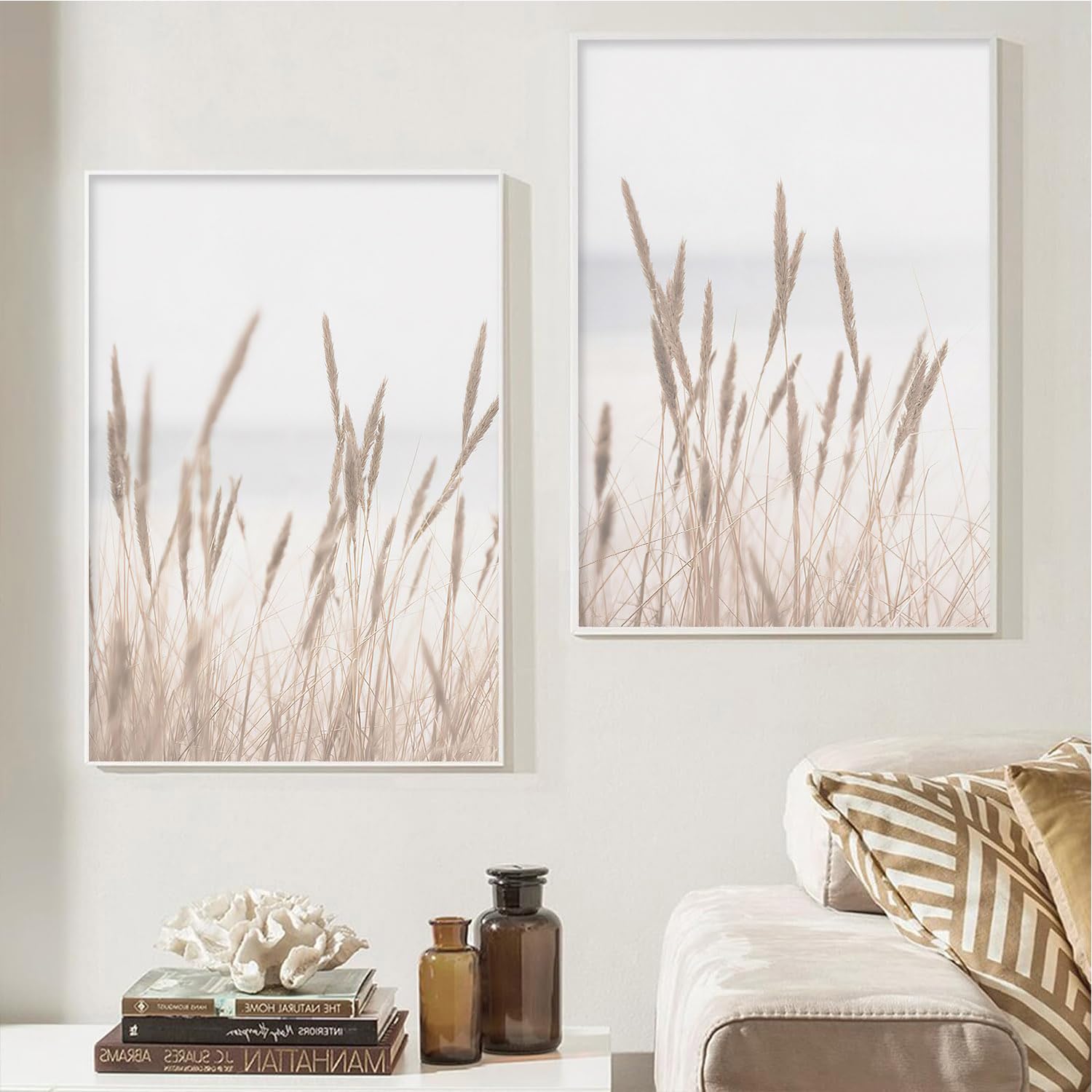Boho Pampas Grass Canvas Wall Art - Beige Minimalist Dried Pampas Grass Beach Painting - Coastal Home Decor for Living Room, Bedroom & Office - Unframed Modern Wall Decor