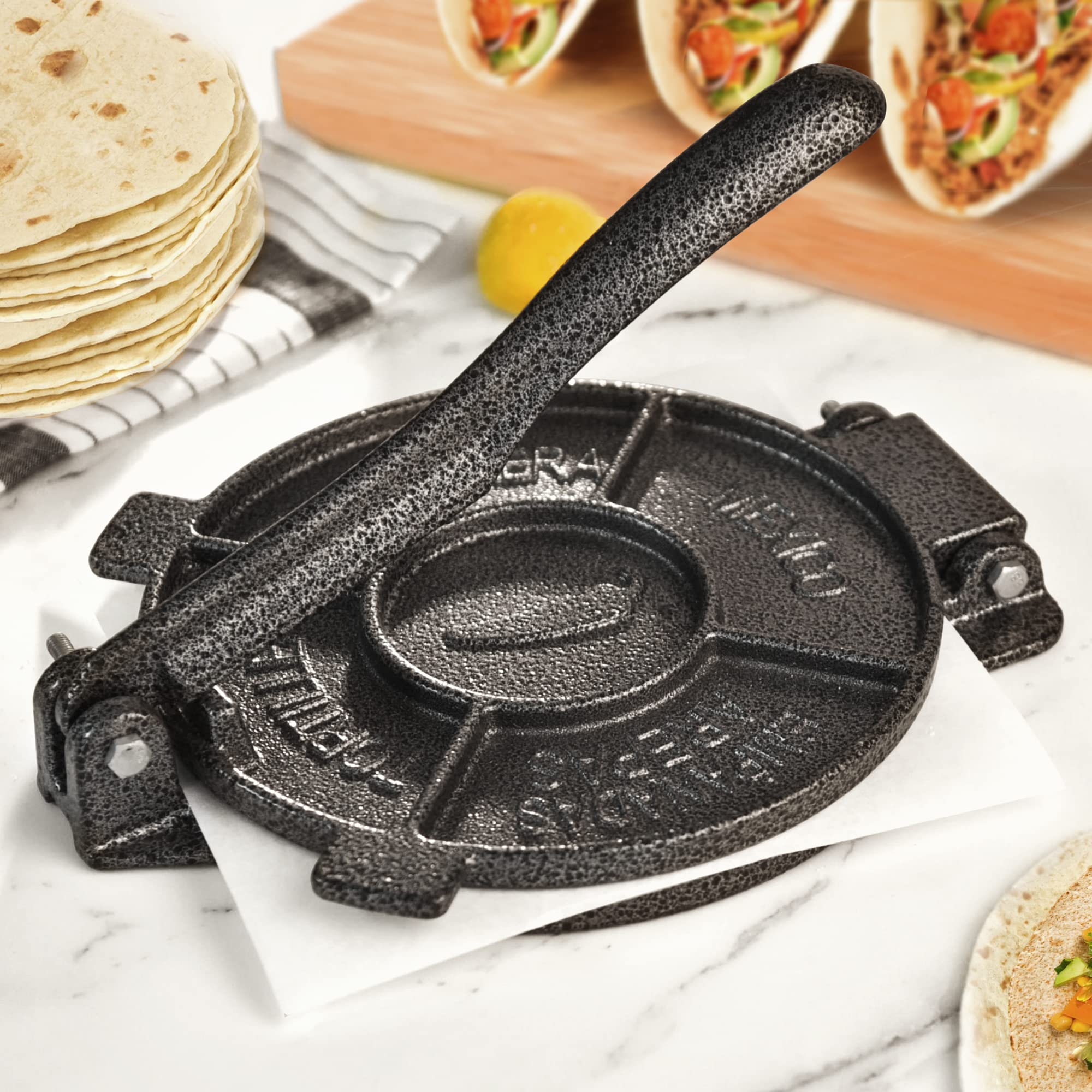 6.5 Inch Cast Iron Tortilla Press Maker - Heavy Duty Tortillera Pataconera with 100 Pcs Parchment Paper - Flour Tortilla Press, Roti Maker, Taco Press (Black Gray) - Perfect for Making Homemade Tortillas, Tacos, Roti & More