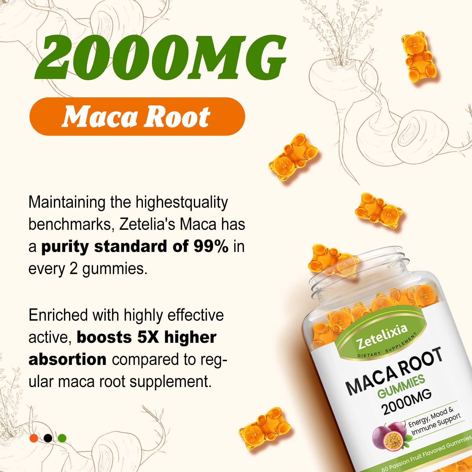 Premium 2000mg Maca Root Gummies for Men & Women - Super Absorption Vegan Supplement with Yellow, Red & Black Maca - Passion Fruit Flavor (120 Count) - Boost Energy, Libido & Hormone Balance for Workouts & Intimacy