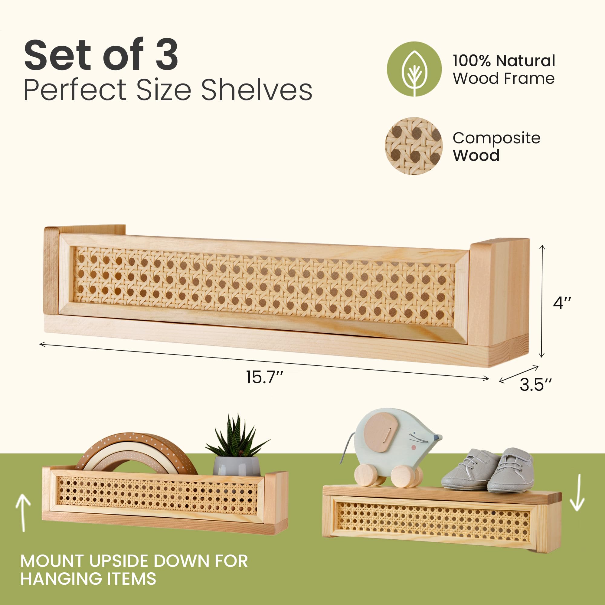 3 Pack Rattan Wall Shelves - 16 Inch Boho Nursery Floating Bookshelves for Nursery Decor, Kids Room & Living Room | Perfect for Organizing Books, Toys & Decorative Items