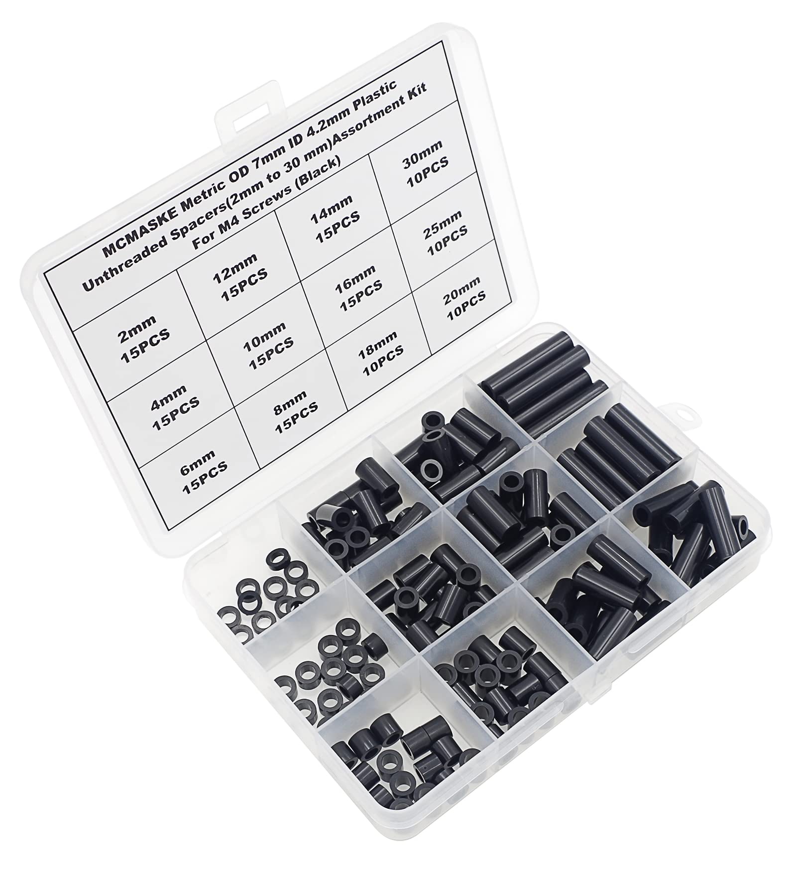Metric OD 7mm ID 4.2mm Plastic Unthreaded Spacers (2mm-30mm) Assortment Kit for M4 Screws - Black Round Spacers & Clearance Spacers for DIY Projects, Electronics, and Machinery Assembly