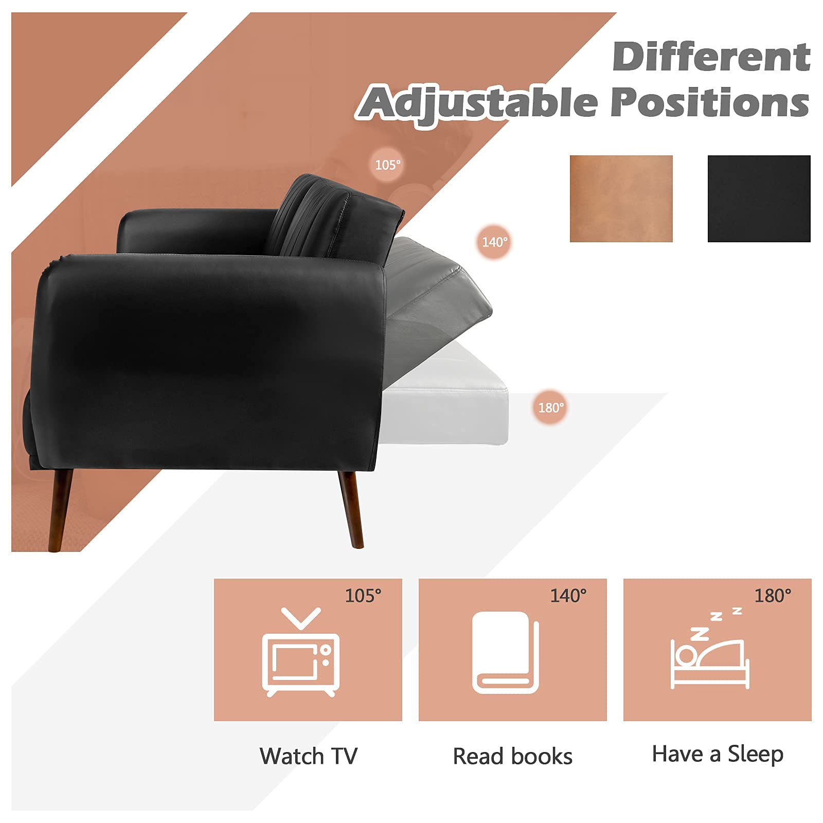 Giantex 3-Seater Convertible Futon Sofa Bed with High-Density Sponge, Adjustable Backrest & Rubber Wood Legs - Foldable Sleeper Couch with Armrests for Living Room, Bedroom, Office, Lounge & Small Spaces (Black) | Perfect for Guest Sleeping, Movie Nights & Compact Apartments