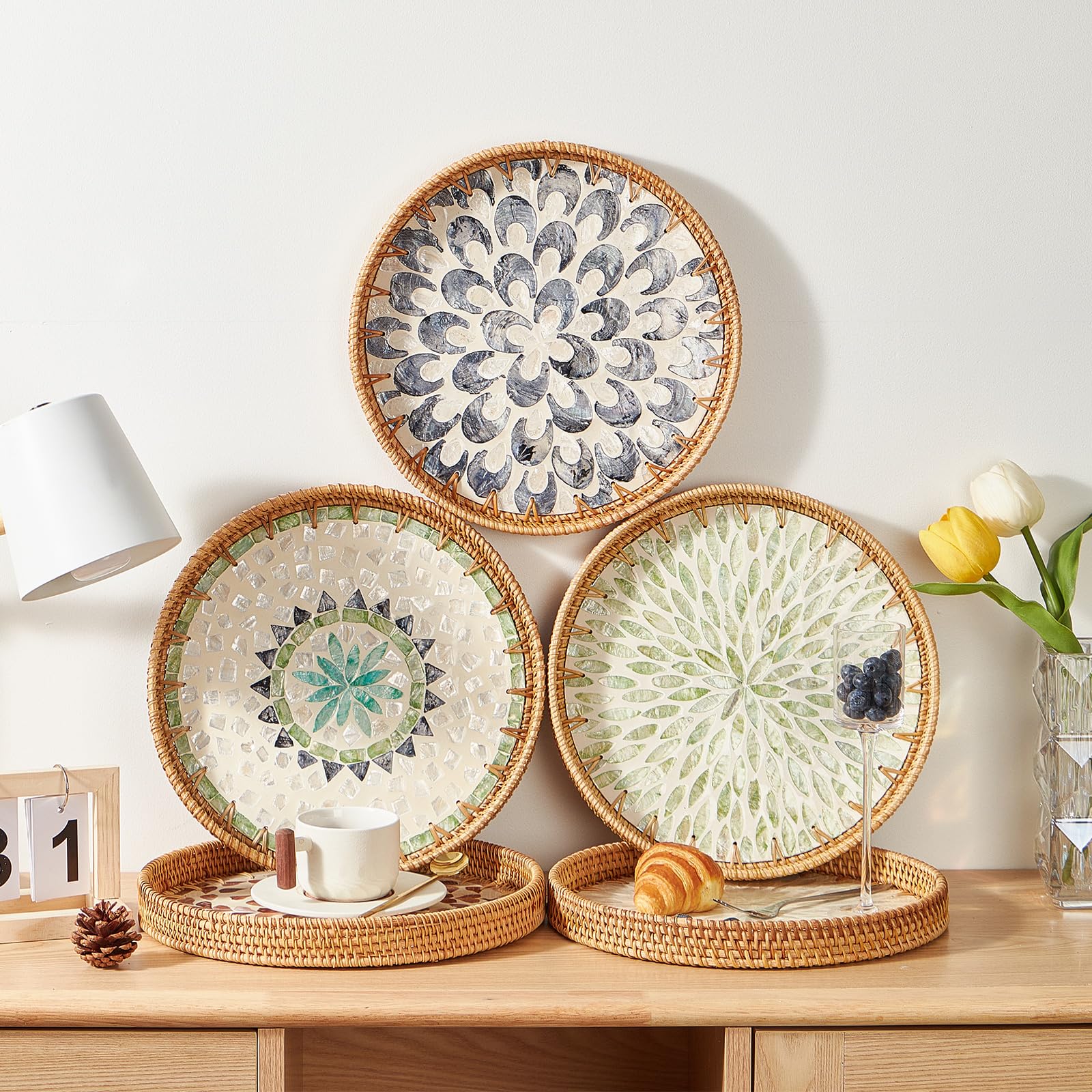 Round Rattan Tray with Mother of Pearl Inlay - Handmade Wicker Serving Tray with Wooden Base - Decorative Basket for Coffee, Bread, Fruit Display - Perfect for Dining Table Decor, Kitchen Storage & Living Room Organization