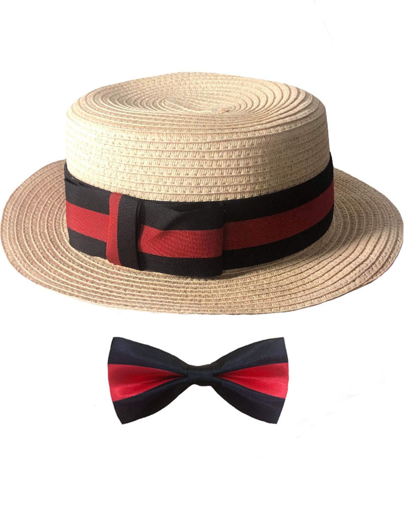 Vintage 1920s Boater Hat and Bow Tie Set for Men - Classic Gatsby Style Accessories for Weddings, Parties, and Costume Events