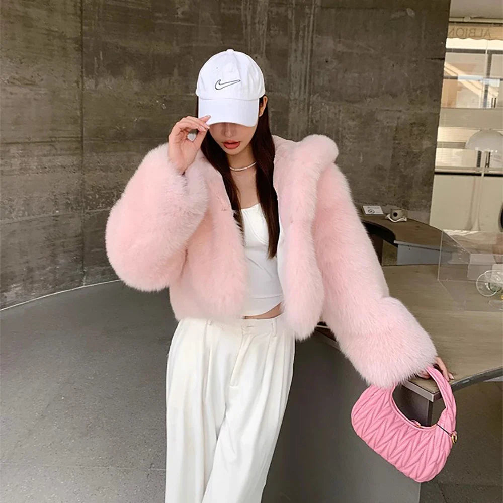 Luxury Faux Fur Coat for Women - Soft Warm Hooded Jacket, Vintage Style Winter Outerwear for Casual Outings & Holiday Parties