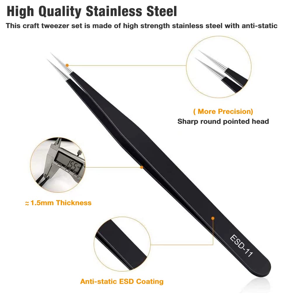 HASTHIP® 6-Piece Anti-Static ESD Tweezers Set for Electronics Repair, Jewelry Making & DIY Crafts - Precision Stainless Steel Tweezers for Watch Repair, PCB Work, Cloisonne Art & Small Parts Handling