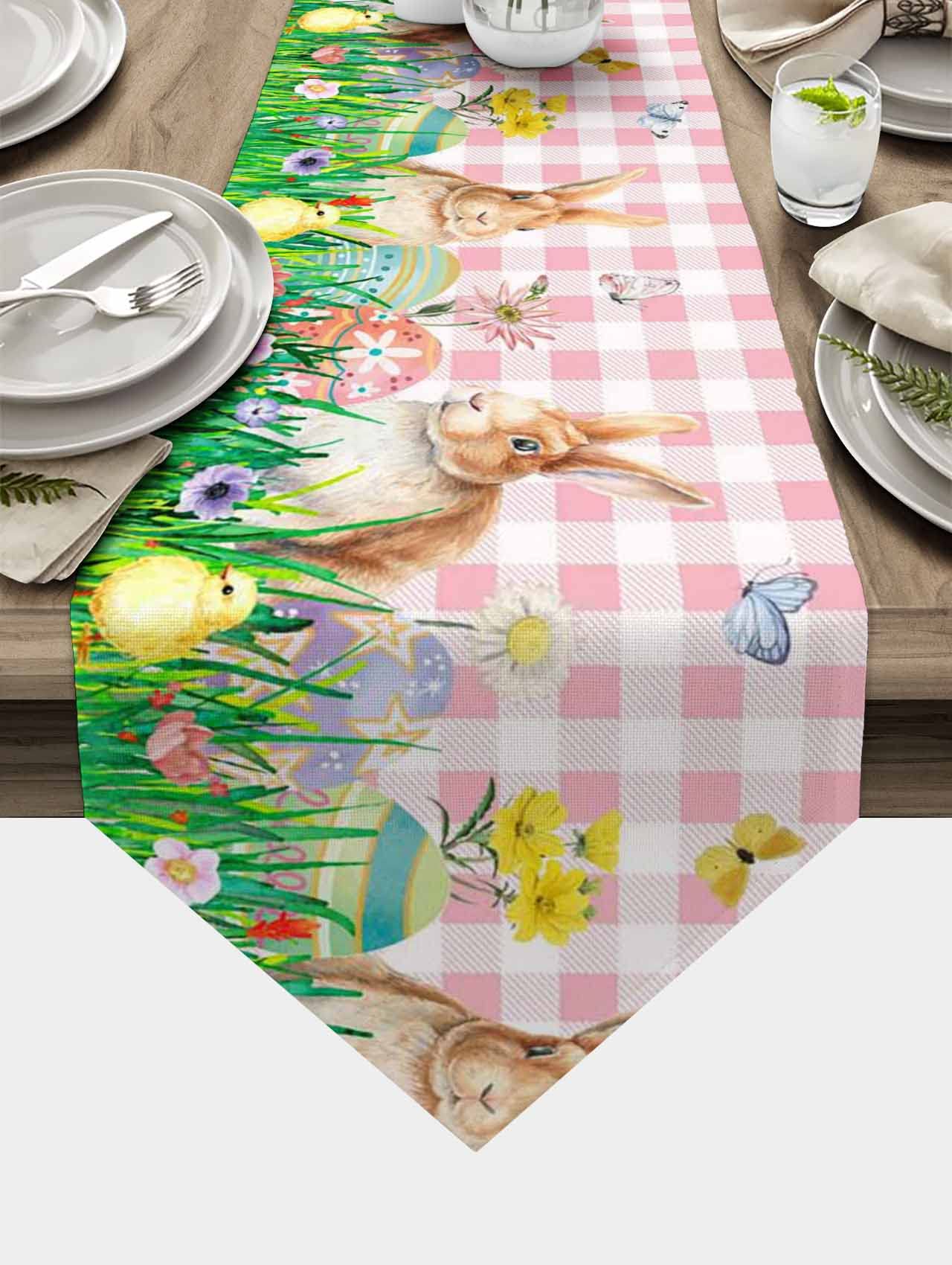 Easter Table Runner - 13x36 Inch Bunny Easter Eggs Floral Design Pink Buffalo Plaid Decorative Table Scarf for Spring Dinner, Kitchen, Dining Room & Easter Party Decor | Perfect for Holiday Gatherings, Family Meals & Seasonal Home Decoration