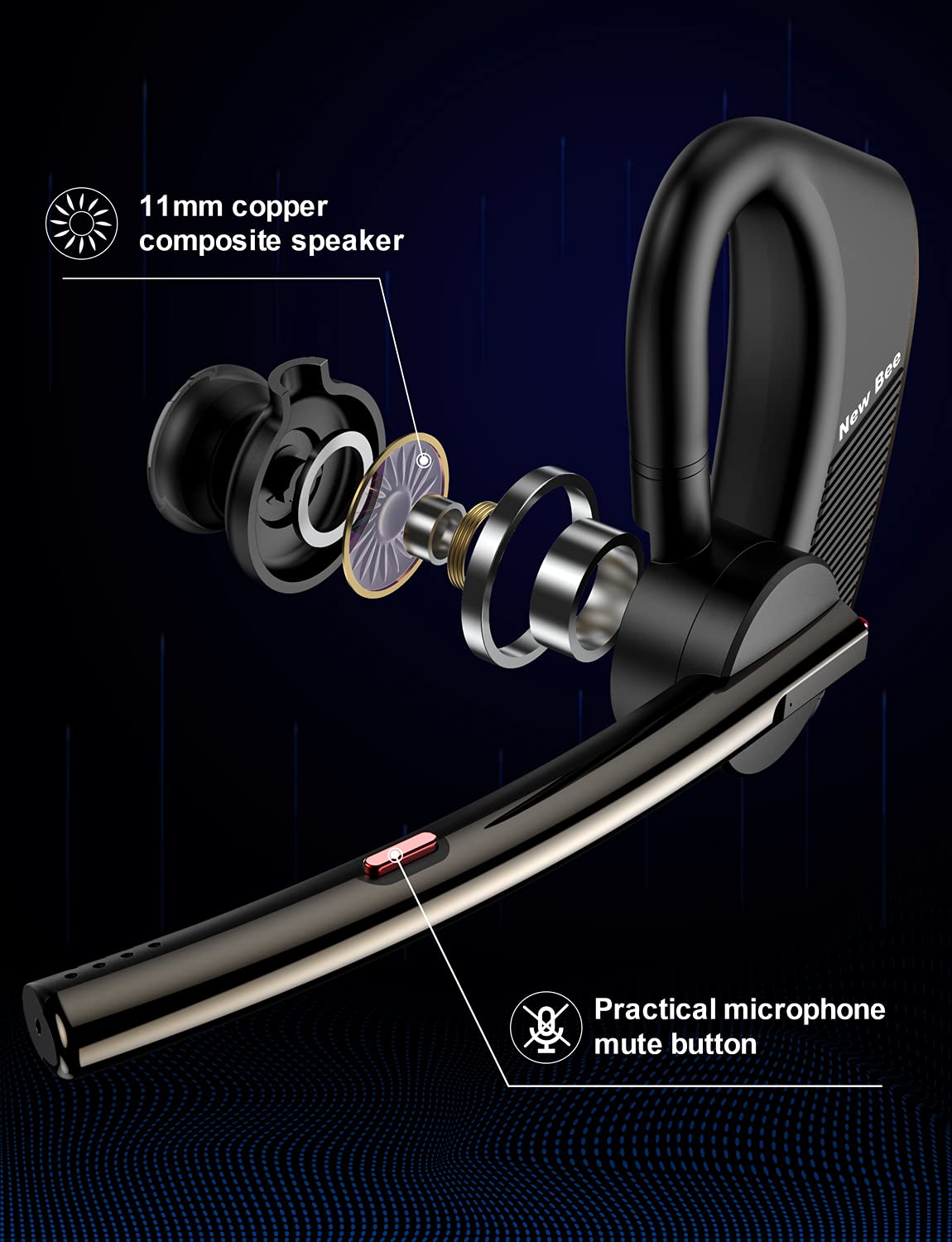 Wireless Bluetooth Earpiece V5.2 - Single Ear Lightweight Headset with 24H Talk Time, Noise Cancelling Mic for iPhone Android Laptop - Perfect for Driving, Office Calls & Online Meetings