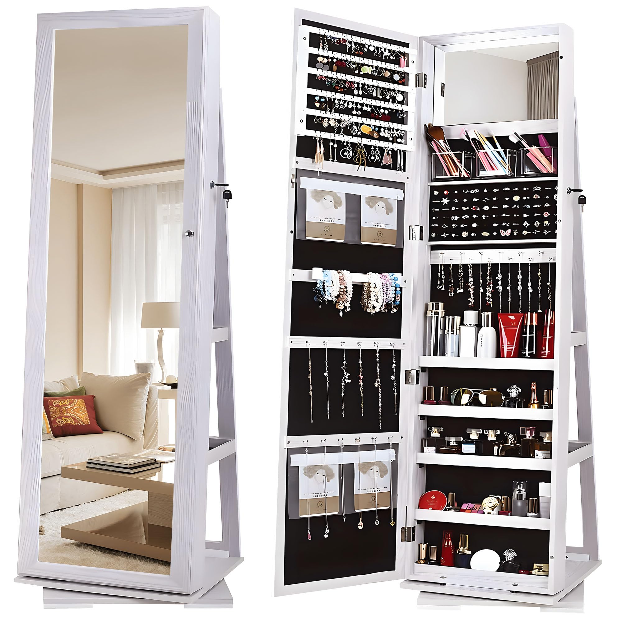 Lockable Wooden Jewelry Armoire with Full-Length Mirror & 360° Rotating Organizer - Standing Jewelry Cabinet with Storage Shelf, White (BHUS-QH-7021C) - Perfect for Bedroom, Closet & Dressing Room Organization