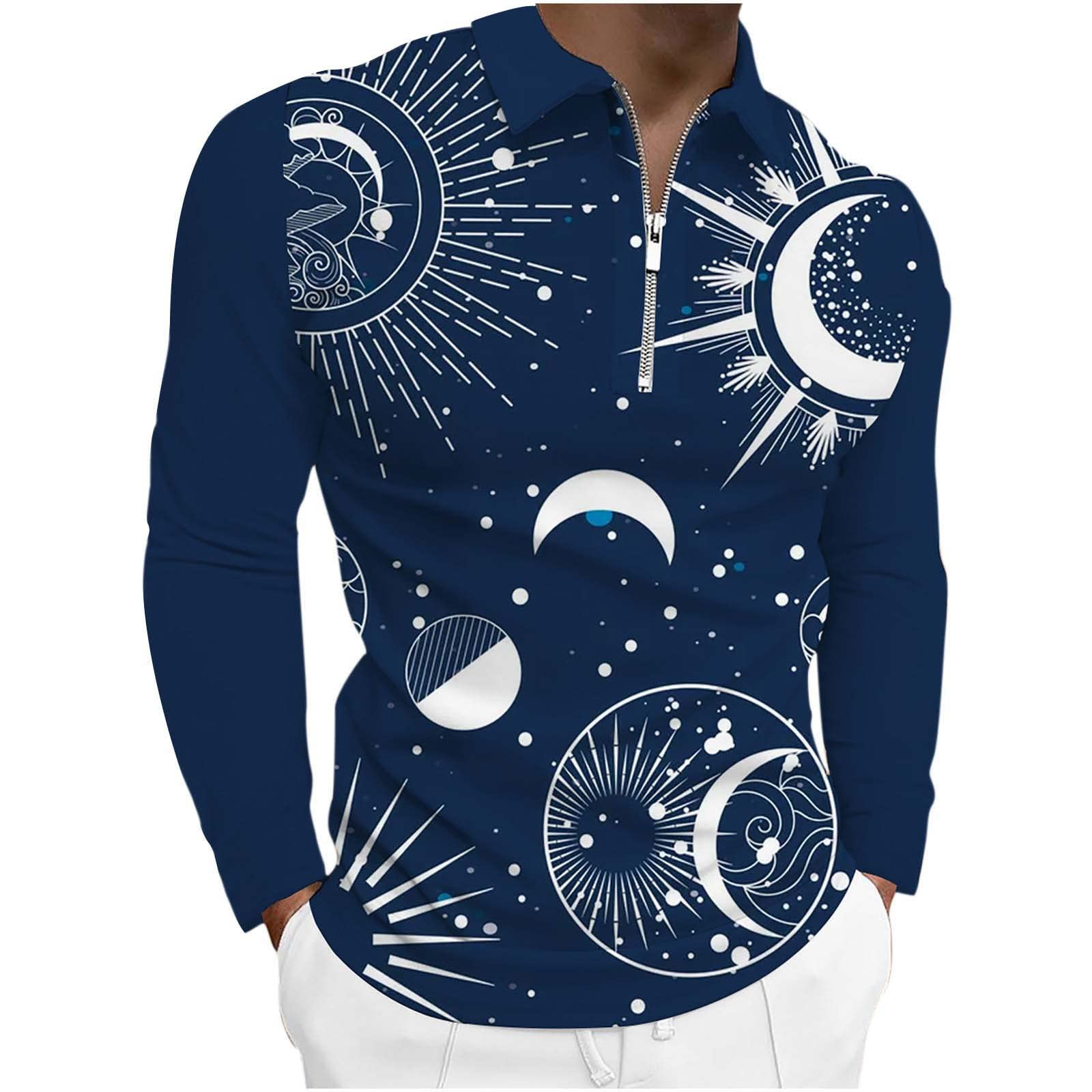 2022 Men's Fashion 3D Digital Planet Print Slim Fit Anti-Wrinkle T-Shirt with Lapel Collar & Zipper Pullover - Casual Streetwear for Daily Wear, Gym & Outdoor Activities