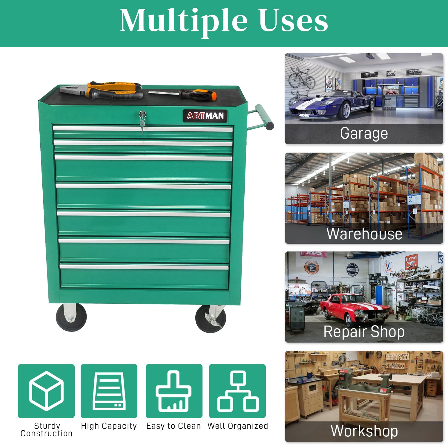 7-Drawer Rolling Tool Chest with Wheels - Heavy Duty Mobile Tool Storage Cabinet for Mechanics, Garage, Workshop & Repair Shop | Portable Tool Cart for Automotive, DIY & Home Improvement Projects (Green)