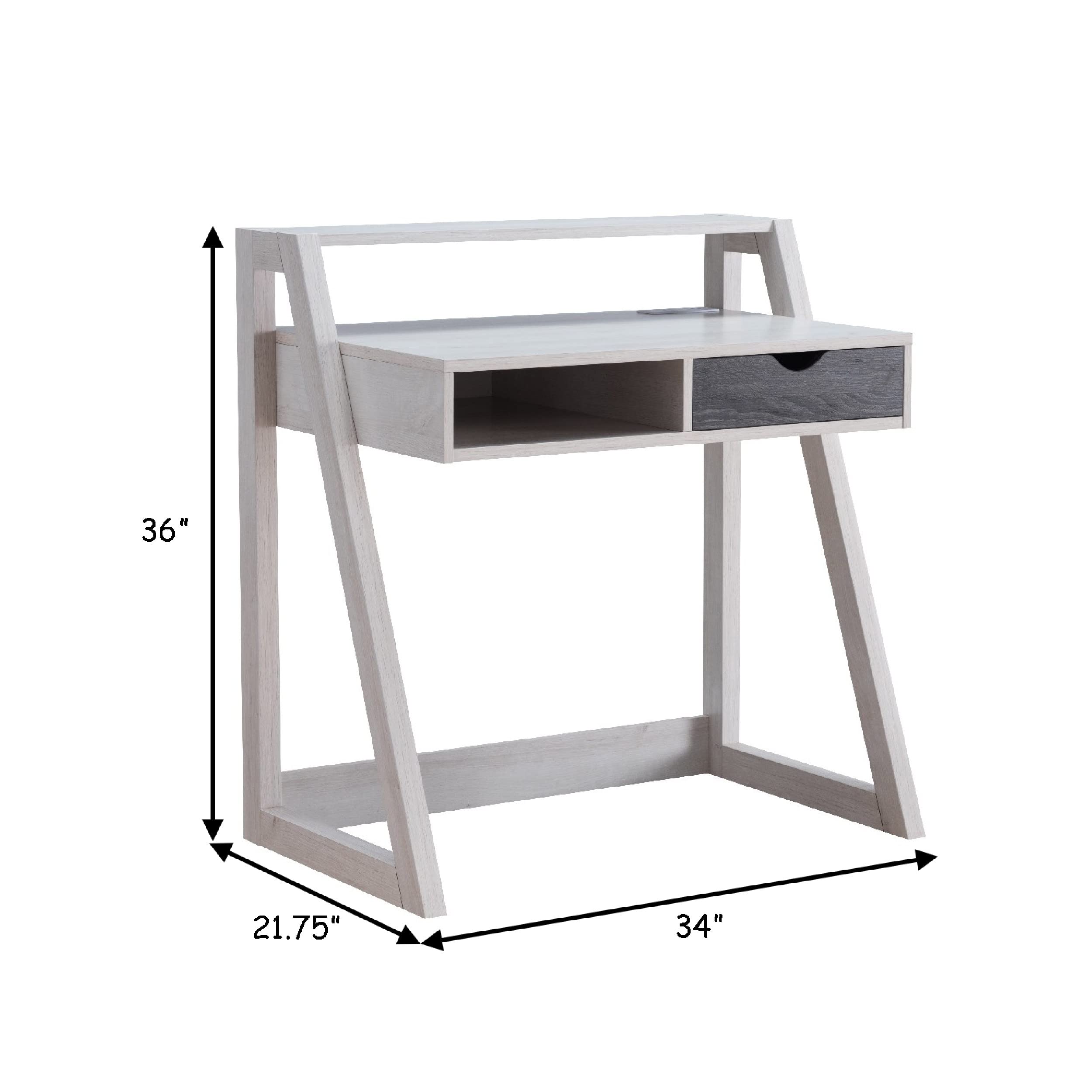 Benjara 36 Inch White Ethan Writing Desk with 1 Drawer, Raised Shelf & Angled Frame - Perfect for Home Office, Study Room or Small Space Workstation